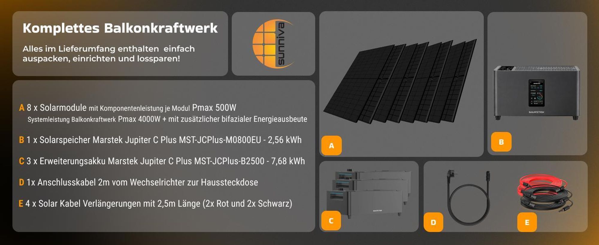 SUNNIVA® 4000W Balkonkraftwerk mit 10,24 kWh Speicher MARSTEK Jupiter C + Plus, 8x500W BIFAZIAL FULLBLACK komplett Steckdose, Solaranlage Solarspeicher