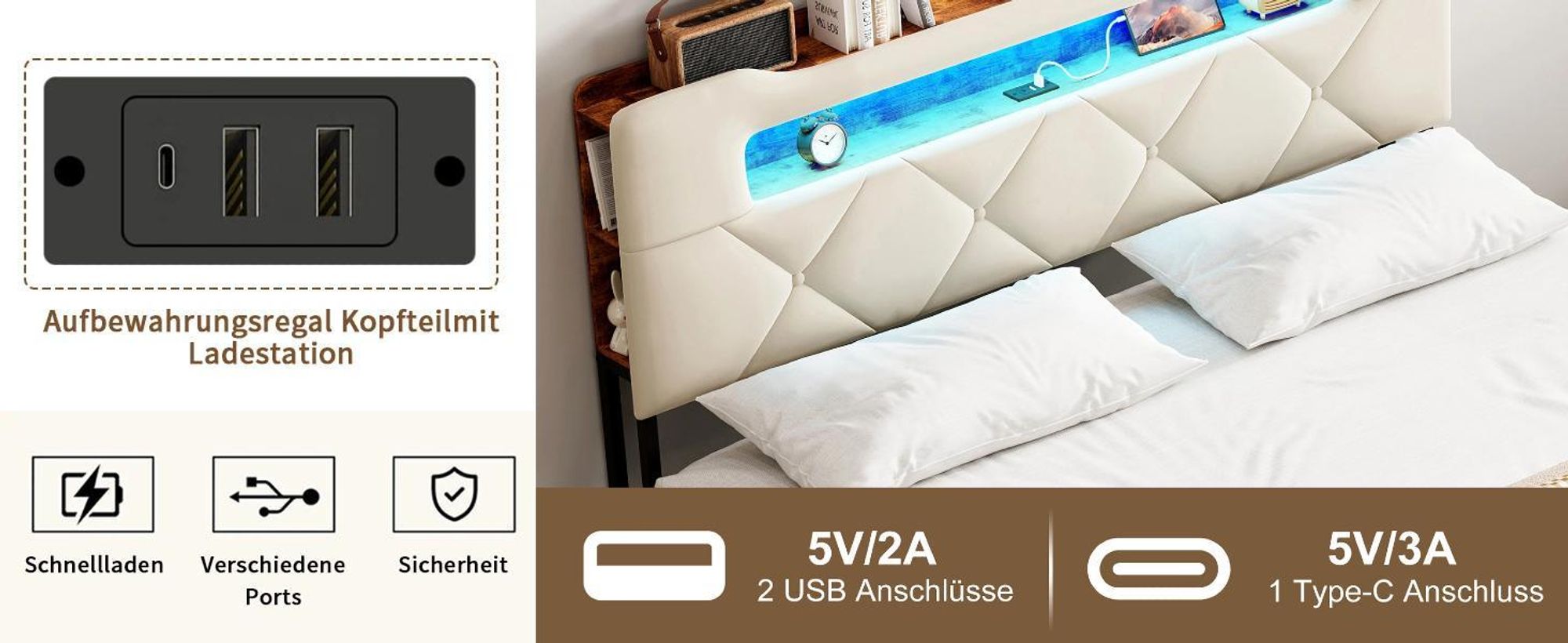 Bett 160 x 200 cm mit LED & USB, gepolstertes Doppelbett mit 4 Schubladen, gepolstertes Bett mit großem Stauraum, bettgestell ,jugendbett ,Beige