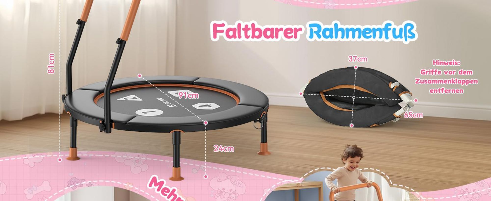 BCAN 91 cm Kindertrampolin für 1–6 Jahre, platzsparend klappbares Innentrampolin mit ASTM-, stabiler Schaumgriff, lückenlose dicke Siche