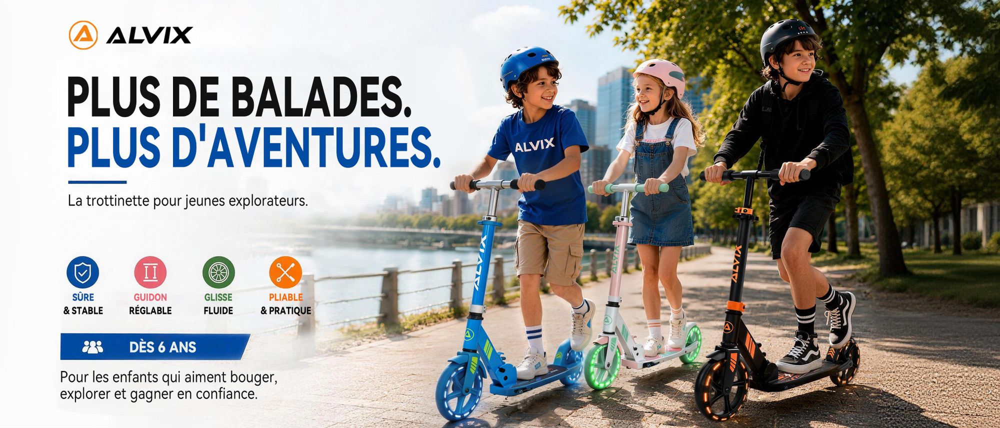 Trottinette enfant dès 6 ans, stable, pliable et équipée de grandes roues LED 200 mm.