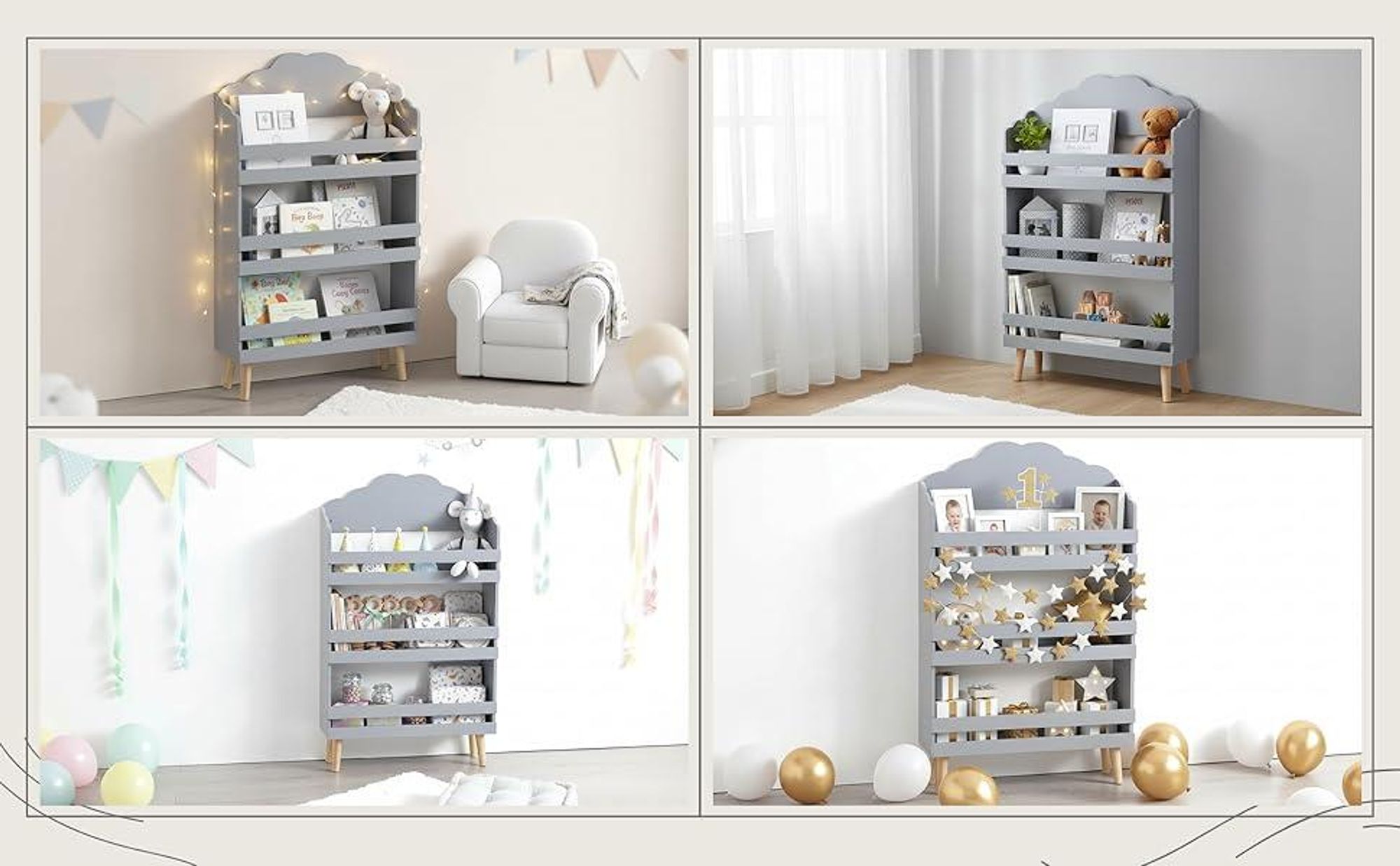 Kinderbücherregal, 3-stöckiges Kinderregal, aus MDF-Holz, 58x18x100cm - Grau