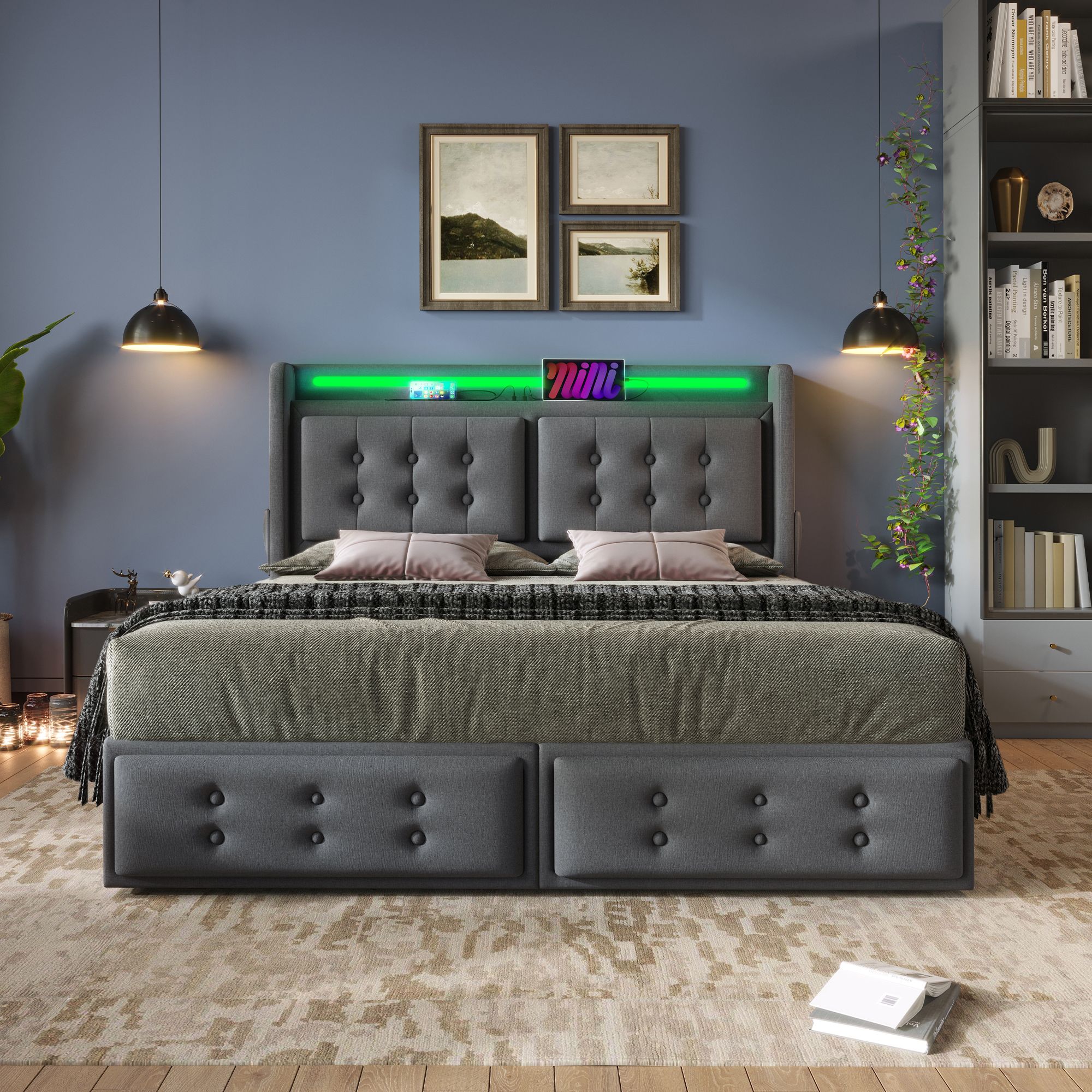 Flieks Polsterbett 140x200cm mit 4 Schubladen, Stauraumbett Doppelbett mit Ladefunktion, Jugendbett Holzbett mit LED, Funktionsbett Baumwolle, Grau