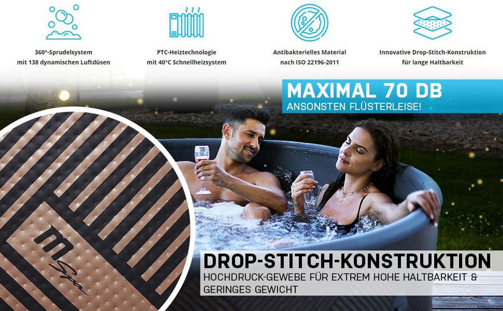 Miweba MSpa Whirlpool Frame Mono | Aufblasbar - Indoor & Outdoor Pool - Ozongenerator - UVC+ Filter - Anti-Frost-System - 6 Personen - App Steuerung