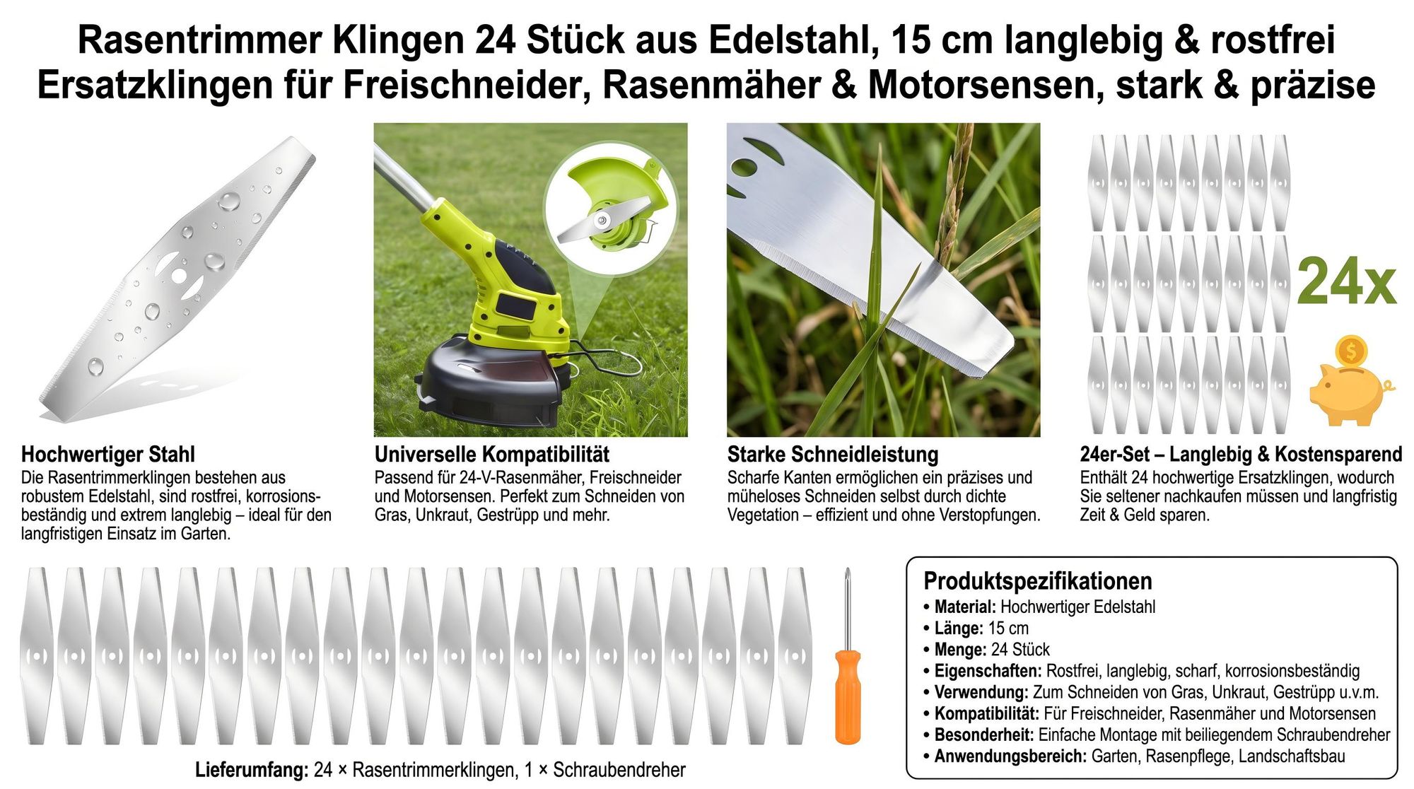 Rasentrimmer Klingen 24 Stück aus Edelstahl, 15 cm langlebig & rostfrei Ersatzklingen für Freischneider, Rasenmäher & Motorsensen, stark & präzise