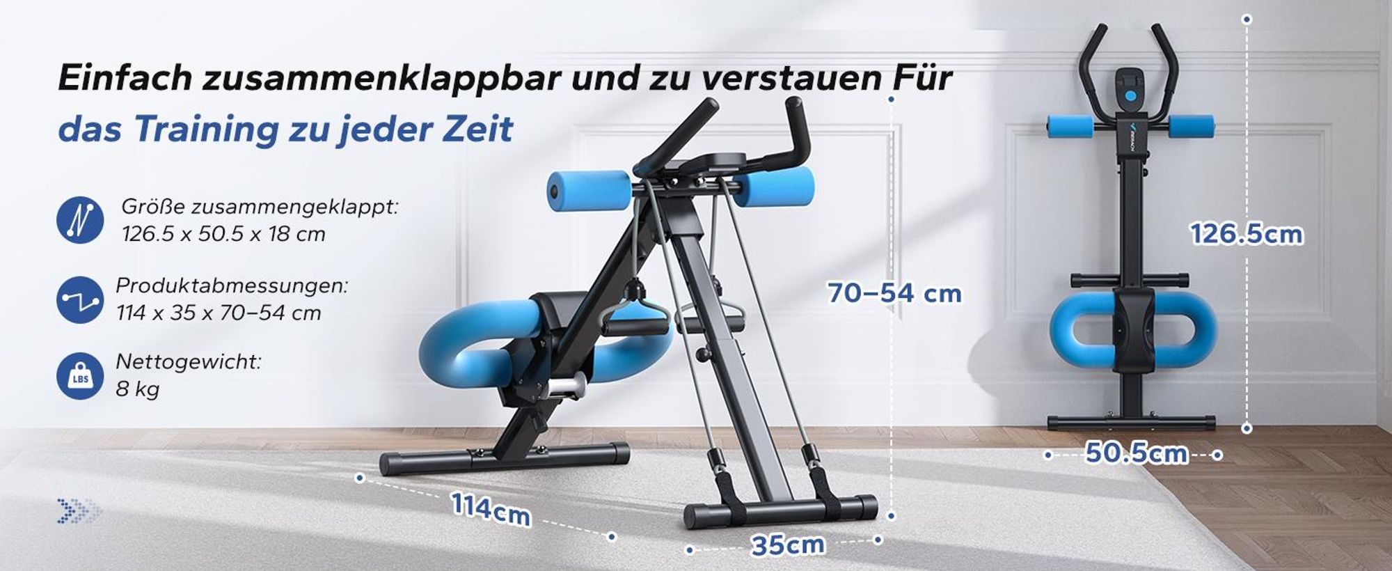 Multifunktionaler klappbarer Bauchmuskeltrainer – LCD-Display, 5 Höheneinstellungen & 2 Neigungswinkel, ergonomisch, bis 120 kg, Ganzkörpertraining