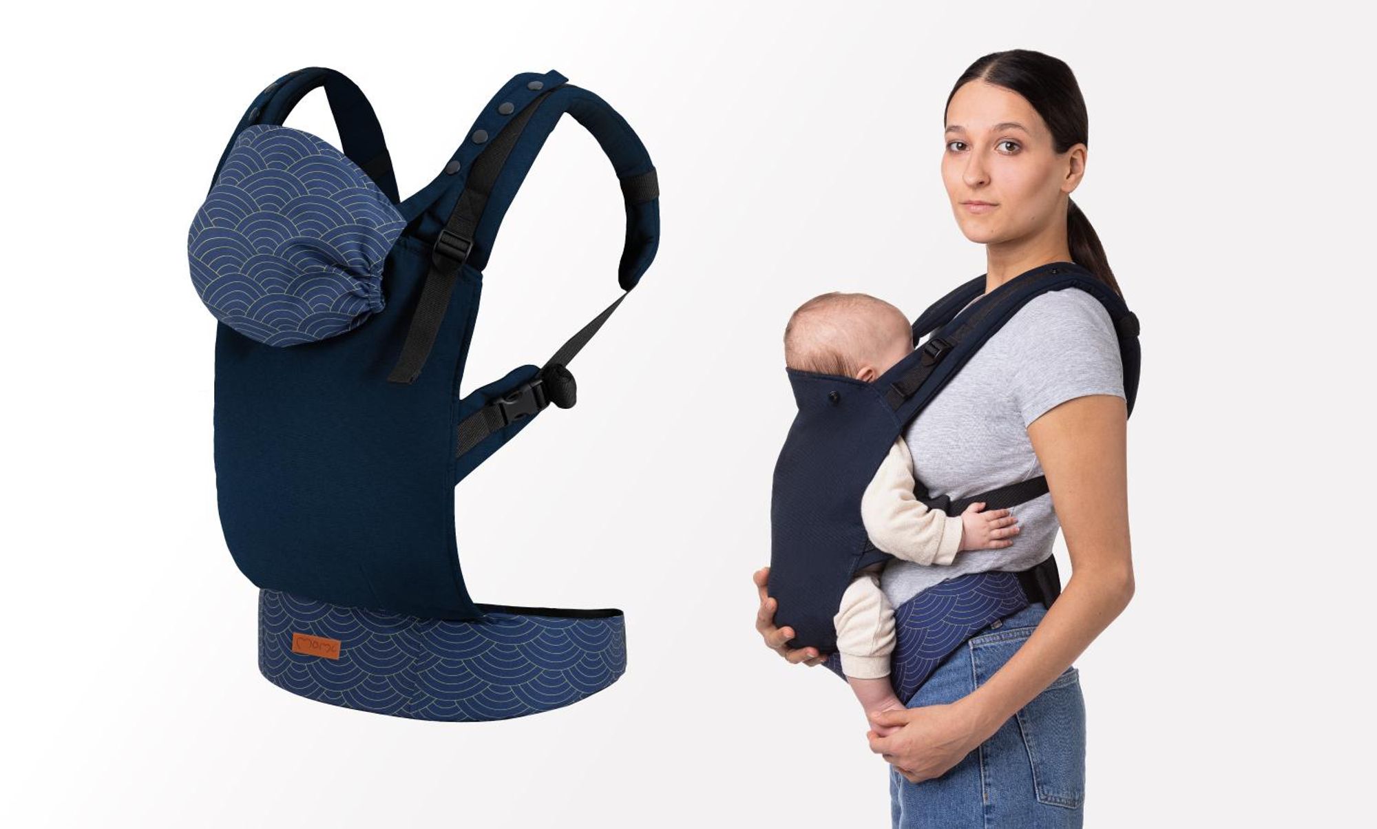 MoMi COLLET – Ergonomische Babytrage für vorne & hinten, verstellbar, bis 15 kg, physiologisch & rückenschonend, mit Kapuze & Tasche – Dunkelblau
