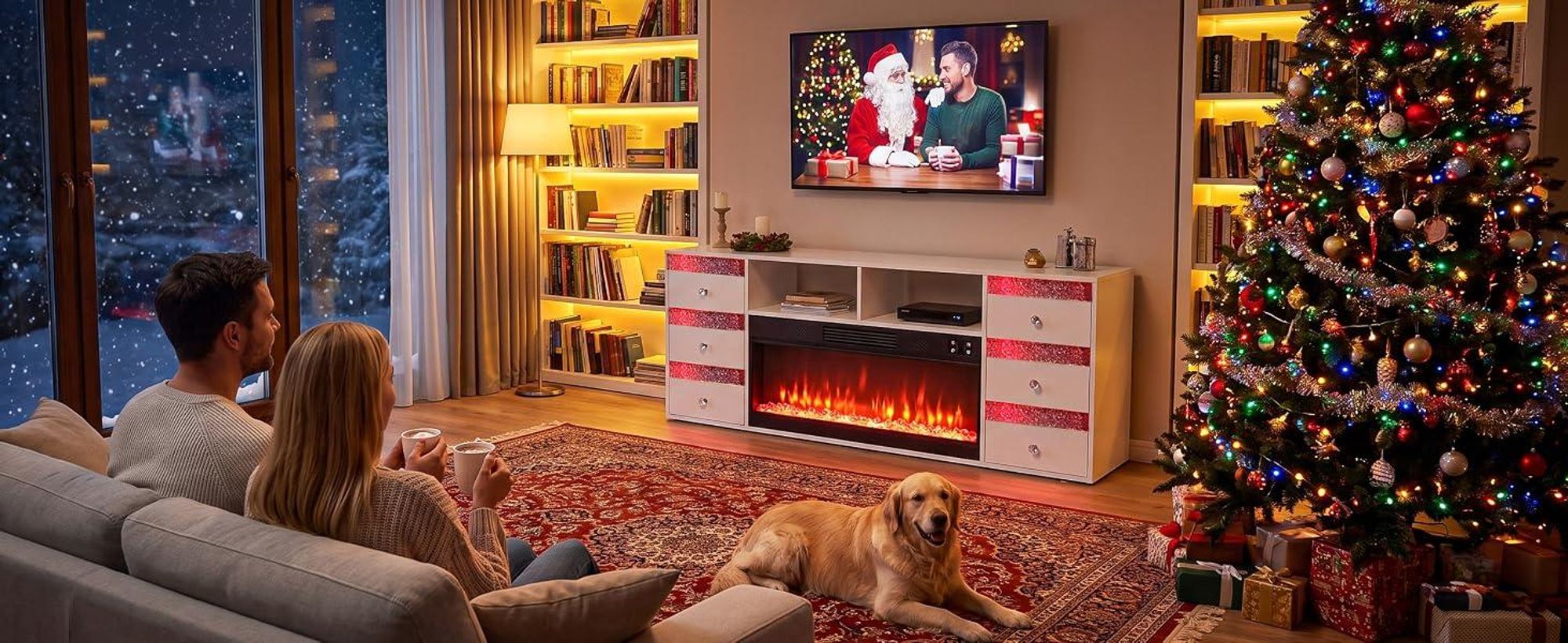 VANITII TV-Schrank mit kamin Heizfunktion，mit farbwechselndem LED-Beleuchtung mit Bluetooth 6 Schubladen Weiβ 180 x 40 x 65 cm