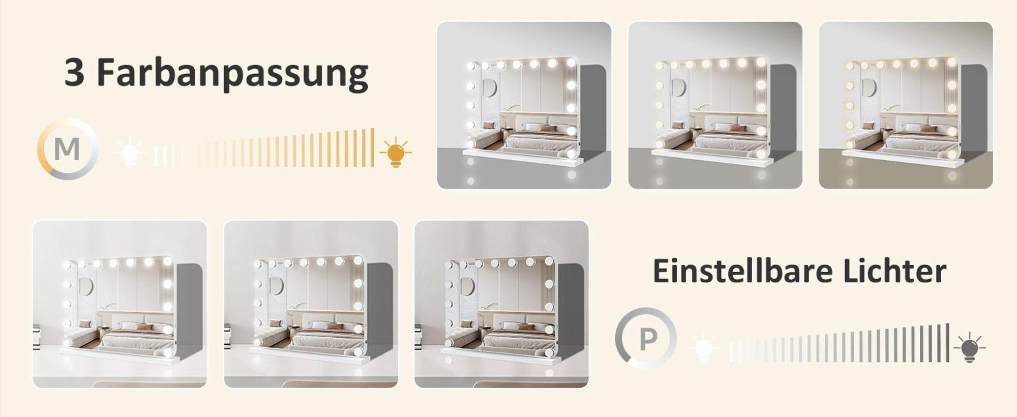 Puluomis Kosmetikspiegel Schminkspiegel 58x45cm Hollywood Spiegel Dimmbar mit 15 LED Beleuchtung 3 Farben, mit USB, 10x, Wandspiegel weiß, rund Ecke