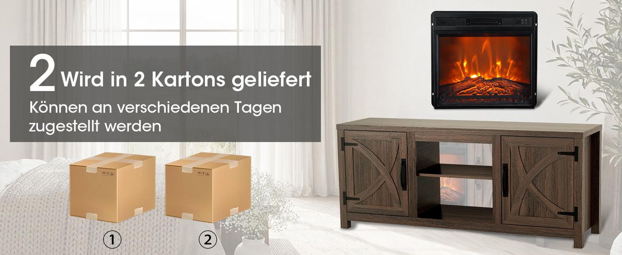 Parrot Uncle TV-Schrank mit Elektrokamin 58" (147cm) | 3-in-1: Media Center + 18" Kamin + XXL Stauraum | Weiß Modern