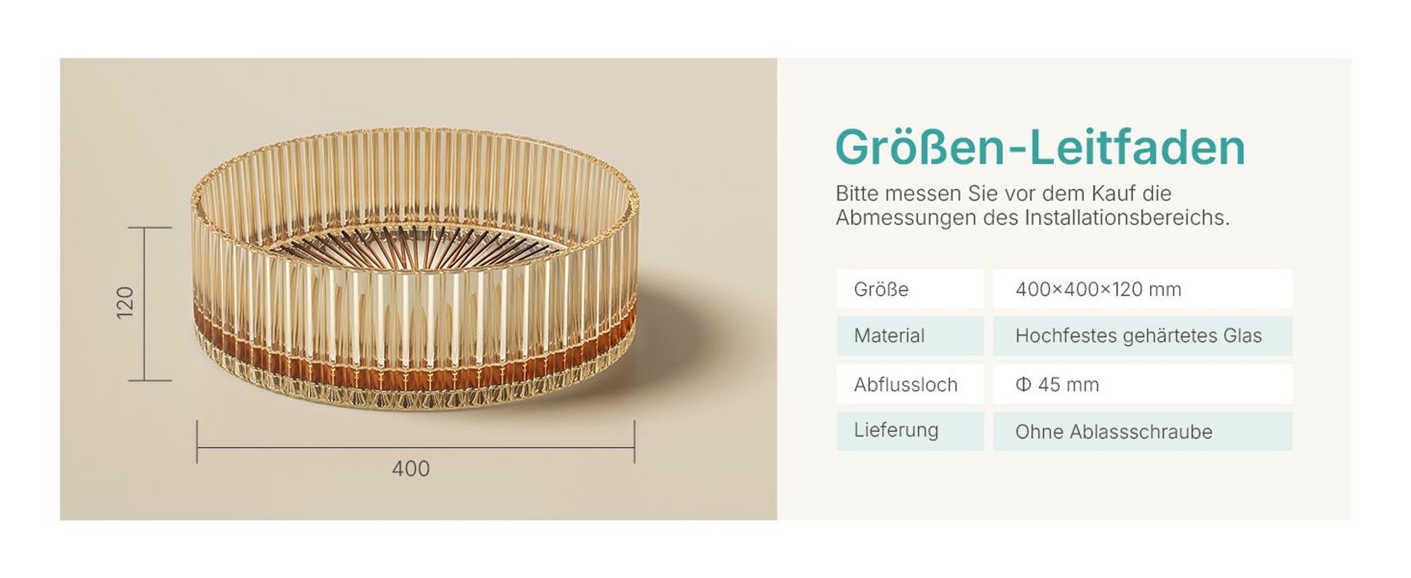 EMKE Aufsatzwaschbecken Rund 400x400x120mm aus gehärtetem Kristallglas Roségold Elektroplattiert ohne Hahnloch & Überlauf, Modernes Design