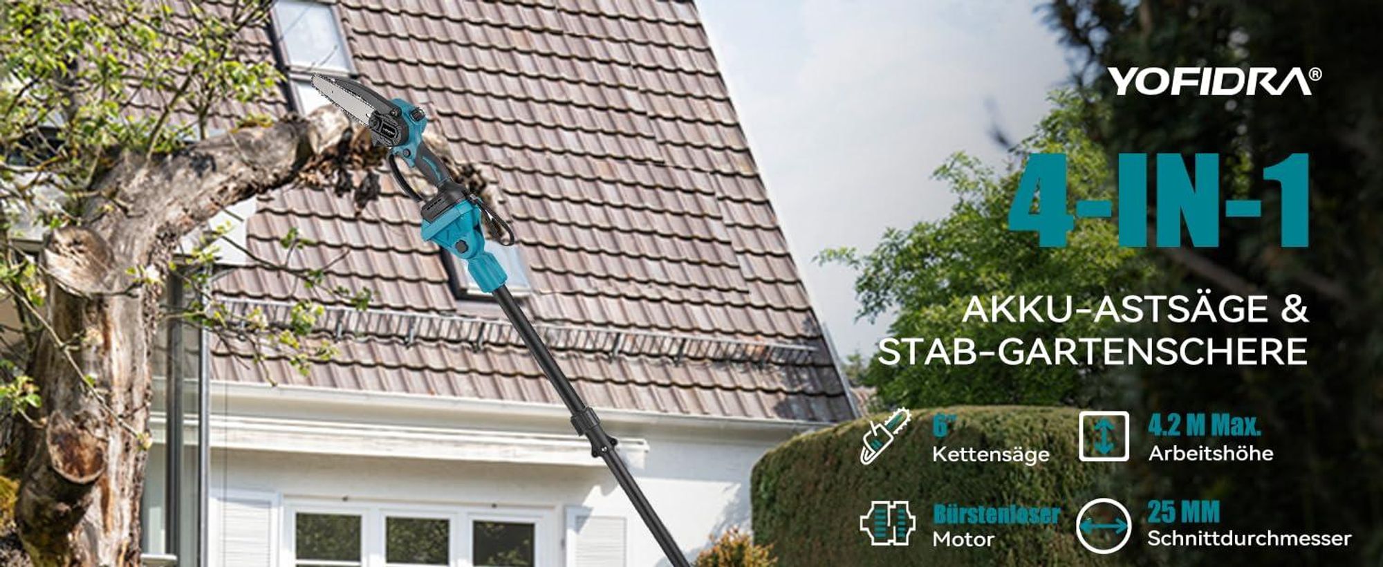Akku-Hochentaster 3-in-1 Bürstenloser Elektro Teleskop Hochentaster Astsäge Gartenschere mit 2× Akku, 2m Stangenlänge, Kompakte Hochentaster zum Baum-