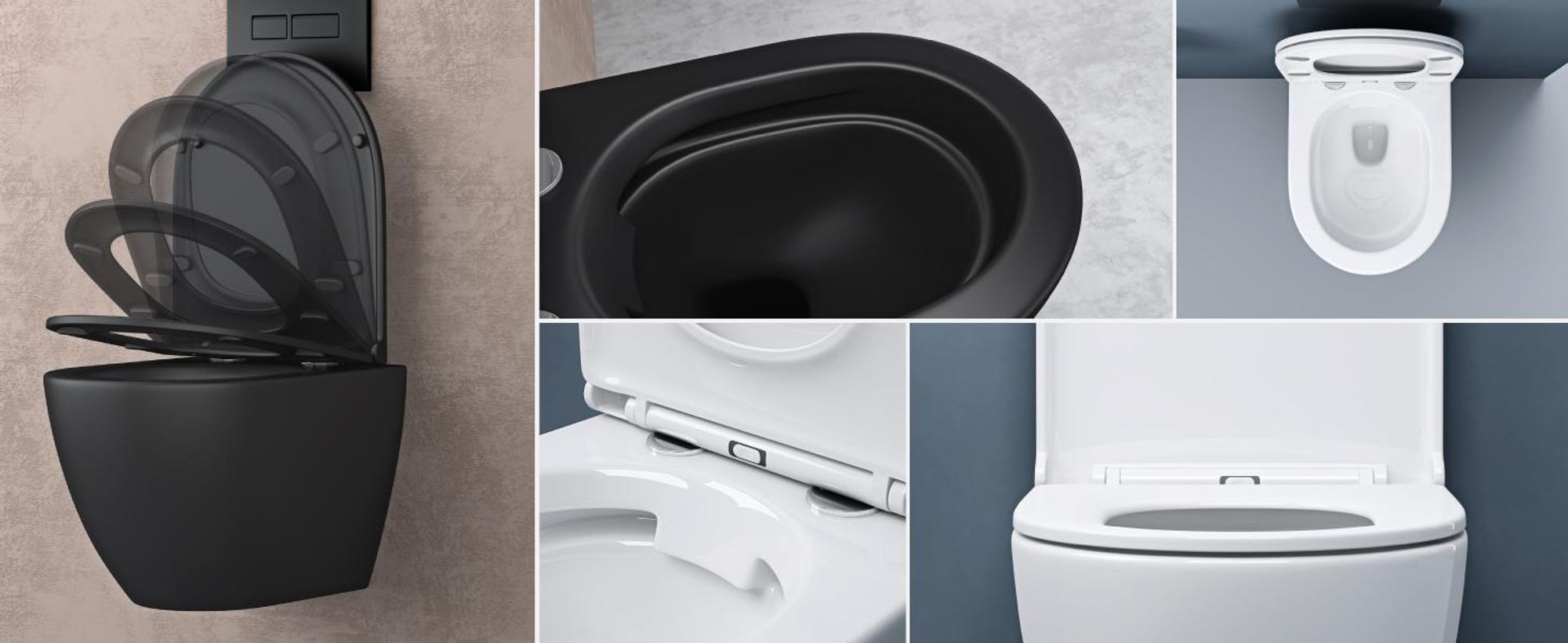 doporro Hänge-WC Spülrandlos Hänge-Toilette mit Tiefspüler inkl. Soft-Close Absenkautomatik schwarz matt aus Keramik Wandmontage Aachen179 neu