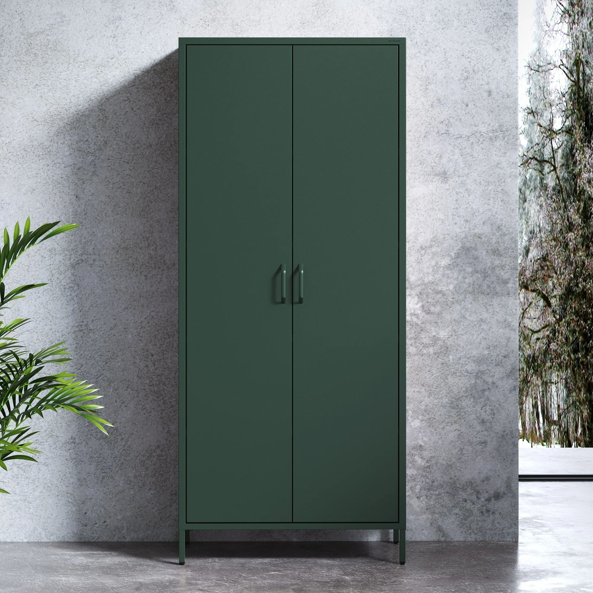 Jan Nowak Kleiderschrank 2 Türig, Metallschrank Glitzernd - Flavio | Ablagen, Kleiderstange, Magnetverschluss | 80 x 185 x 45 cm | Flaschengrün