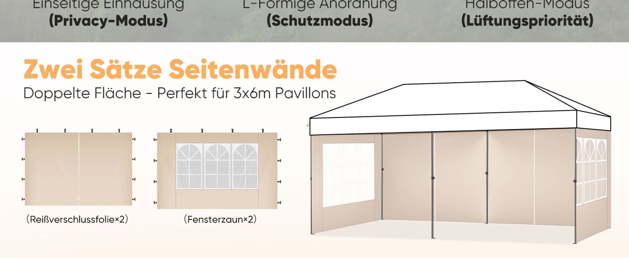 Sekey 2 Seitenteile für 3x3 /3x6m/3x9m pavillon mit Reißverschluss und Fenster, Taupe