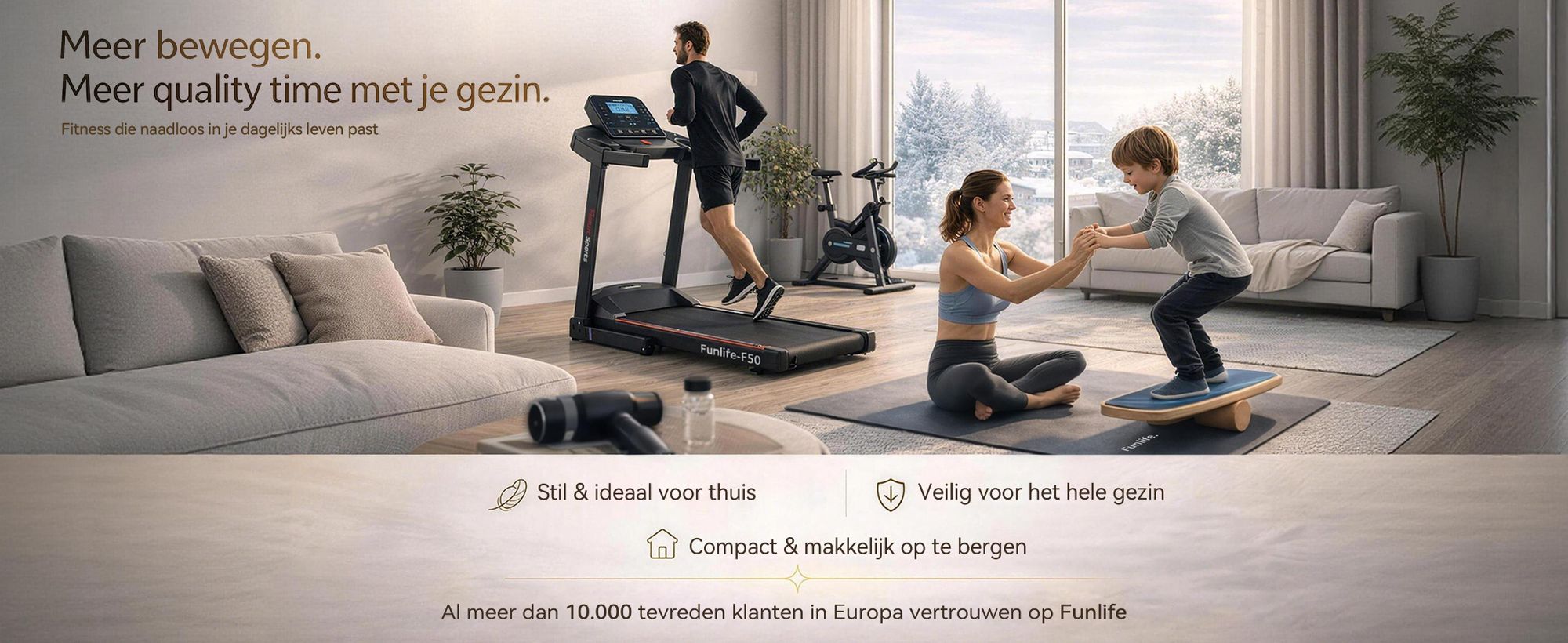 FunLife F8 loopband, inklapbaar met een hellingshoek van 5%, display direct aan de handgrepen, extra breed loopvlak, stil en schokabsorberend, 12 programma's, snelheid 1–12 km/u