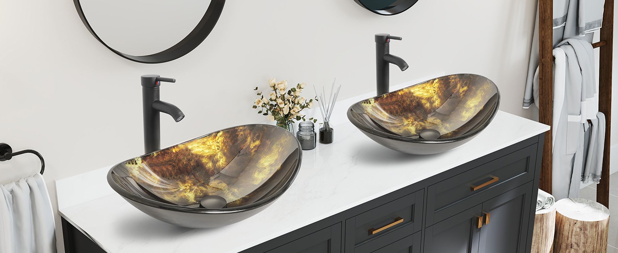 Puluomis Waschbecken Glas Aufsatzwaschbecken Waschschale Oval mit Wasserhahn Ablaufgarnitur Schwarz Gelb