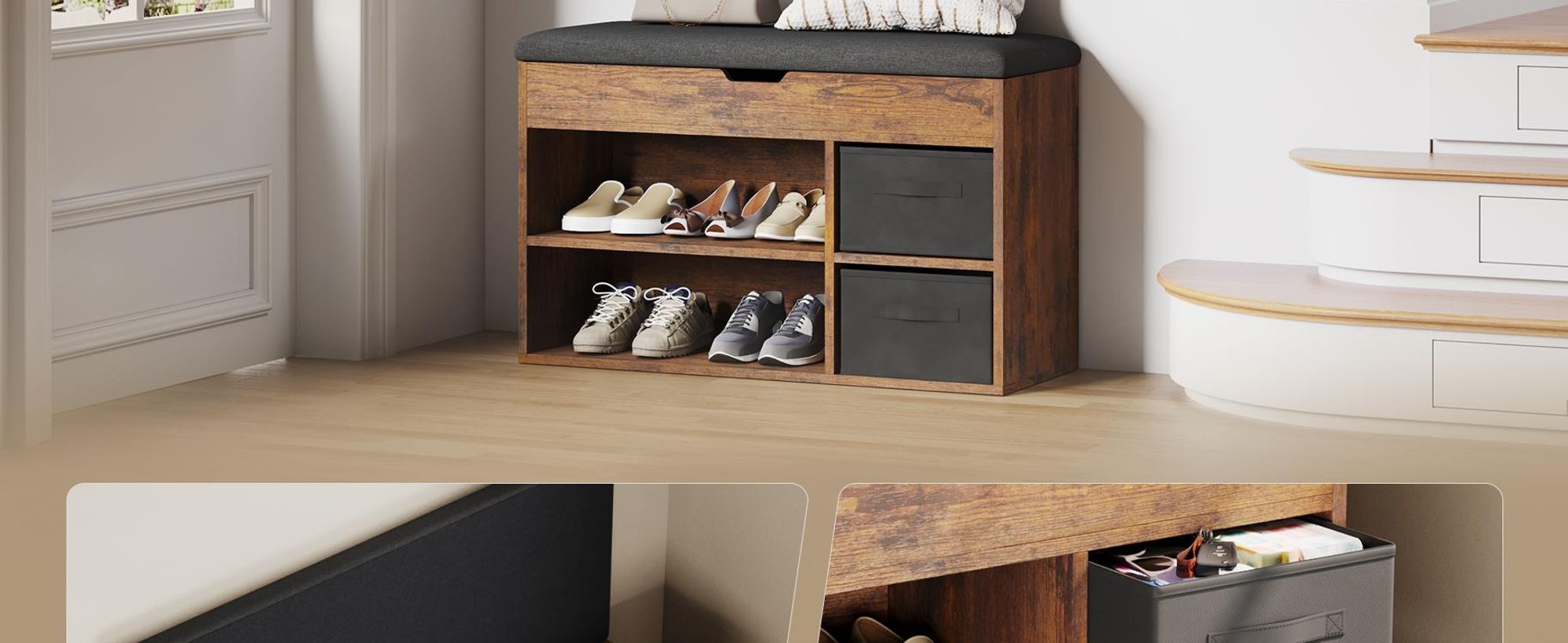 Mondeer Schuhbank mit Sitzfläche, Holzschuhablage mit Stoffschublade und Aufklappbarem Kissen, für Wohnzimmer, 80 x 48 x 30 cm, Braun & Schwarz