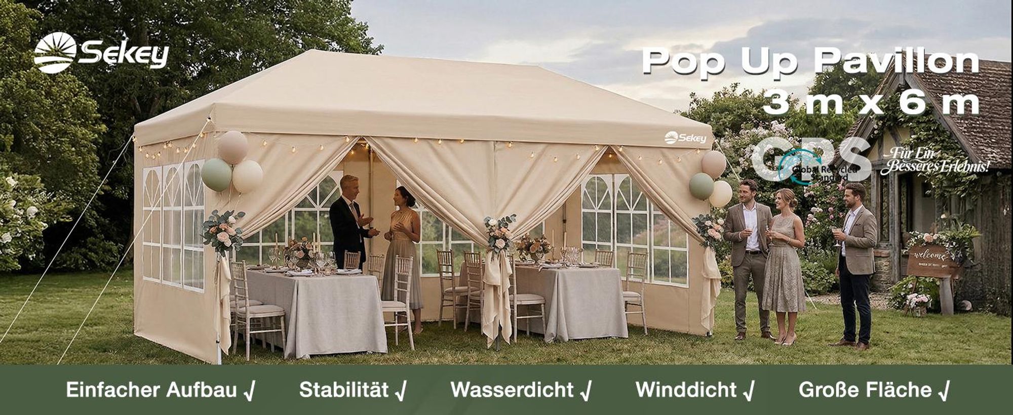 Sekey Faltpavillon 3x6 m wasserdicht UV50+ Gartenpavillon Partyzelt mit 6 Seitenteilen höhenverstellbar, Taupe