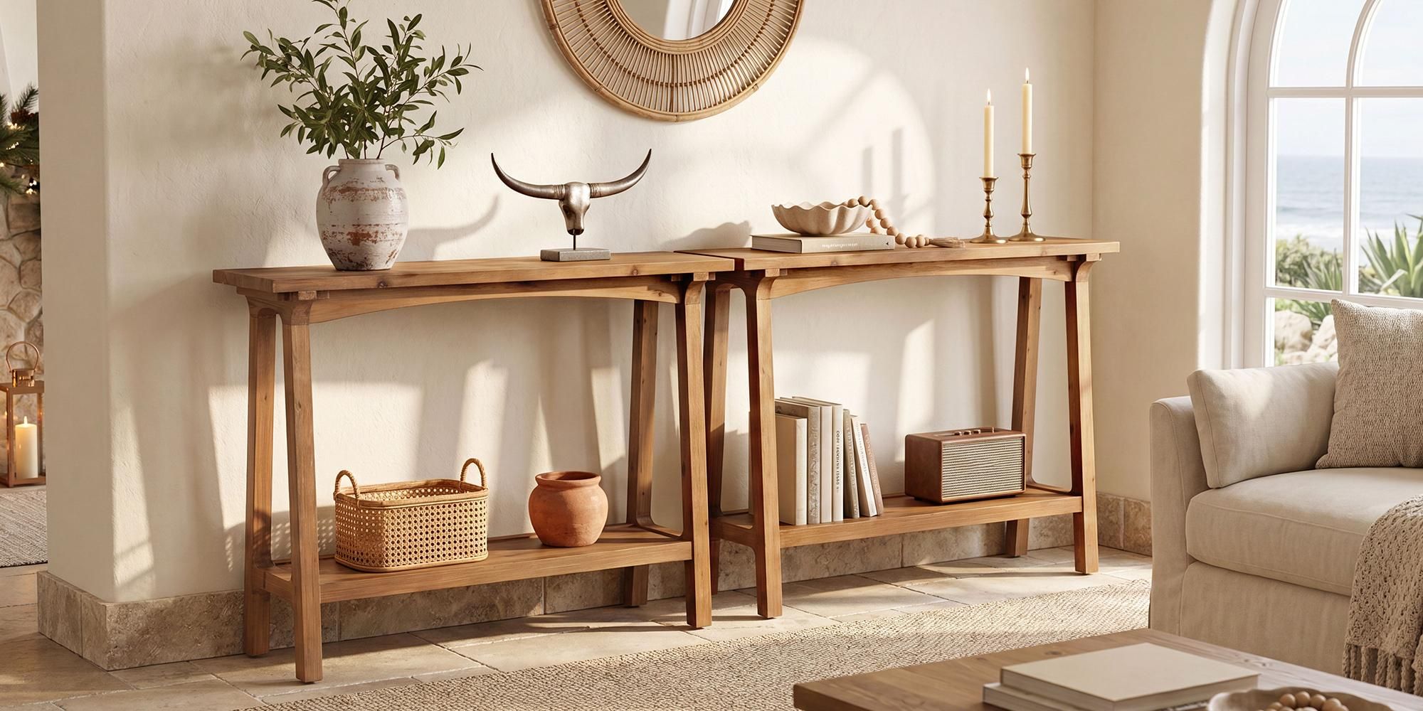 Konsolentisch, 100 cm Eingangstisch, 2-stöckig Sofatisch, Flurtisch aus Massivholz, für Flur, Wohnzimmer oder Eingangsbereich, rustikales Braun