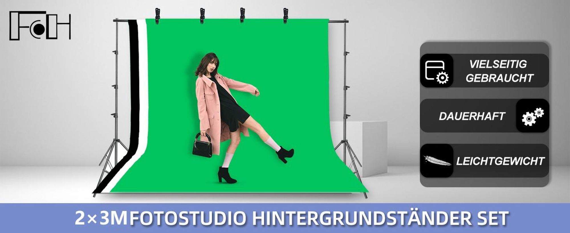 FCH Fotostudio-Ständer, Fotohintergrund, verstellbares Fotostudio-Tuch-Stützsystem-Set mit 1 Tragetasche, 3 Hintergründen und 6 Clips für Porträtfotog