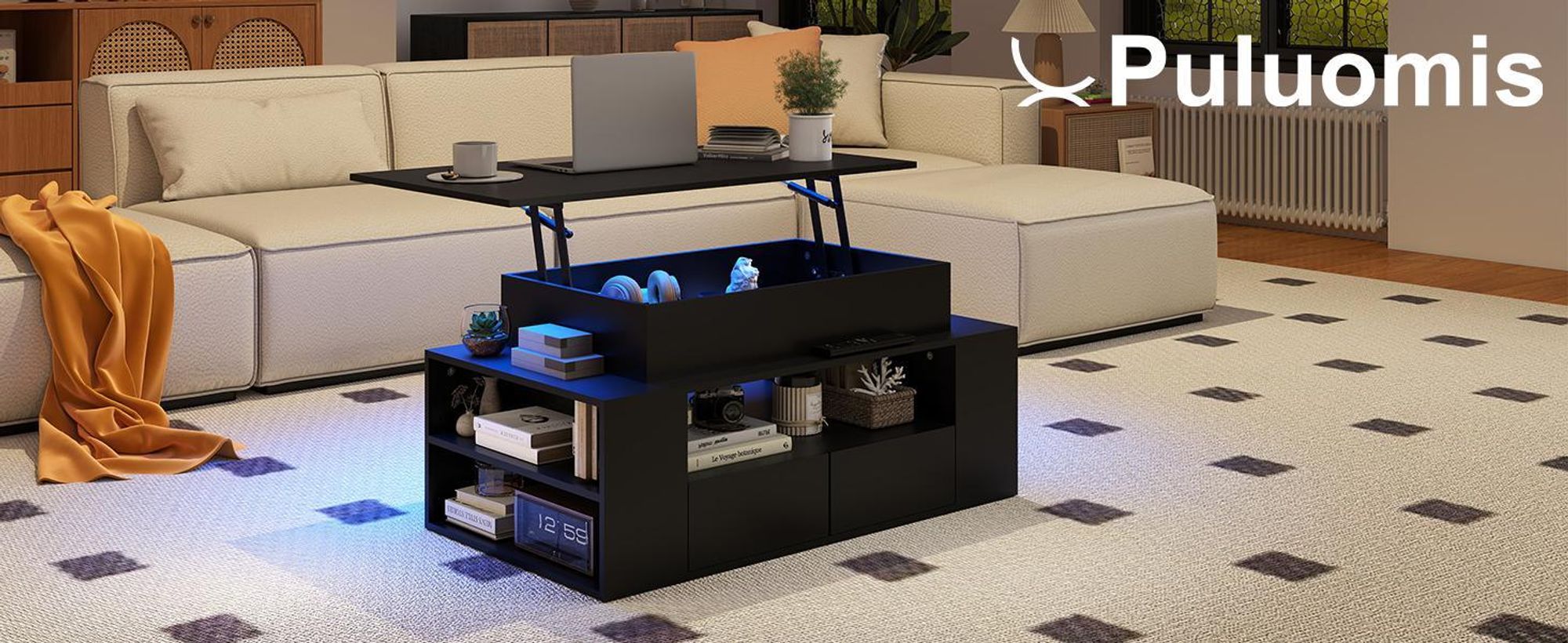 Puluomis Couchtisch mit Schublade, Abhebbarer Tischplatte, RGB Lichtleiste mit App Steuerung Kaffeetisch Schreibtisch Sofatisch für Wohnzimmer schwarz
