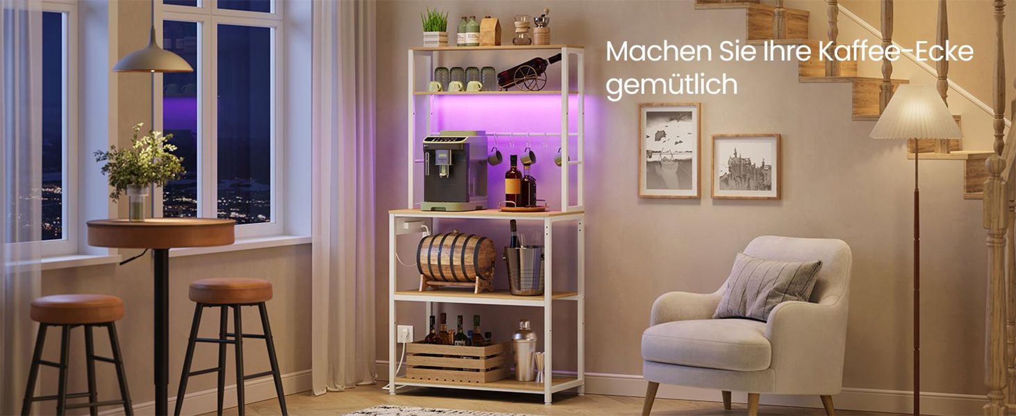 VASAGLE Küchenregal mit LED-Beleuchtung, Standregal mit Steckdosen, Mikrowellen-Regal mit verstellbaren Ablagen, 8 Haken, 40 x 80 x 168,4 cm