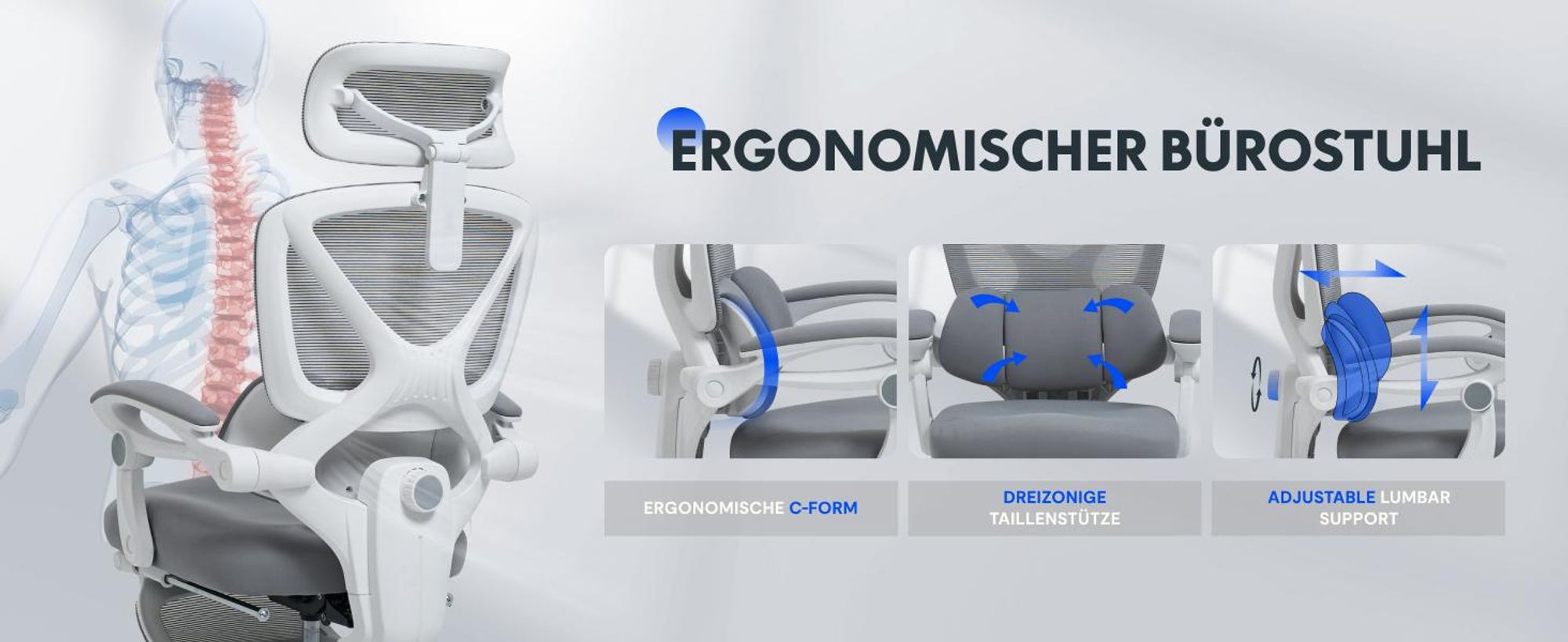 FLEXISPOT Ergonomischer Bürostuhl mit 3D-Kopfstütze, verstellbarer Lendenstütze, Wippfunktion 90–135°, Verbindungsarmlehnen, Fußstütze, 136 kg, Grau