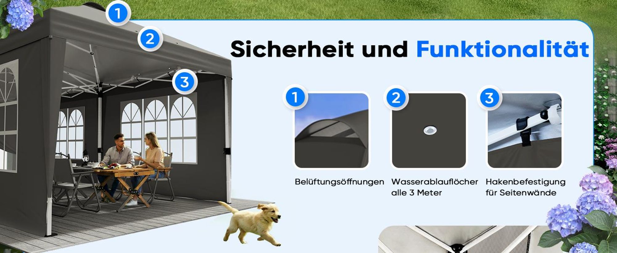 Quictent 3x6m Faltpavillon, Pavillon EIN-Tasten-Zentralverriegelung, faltbar mit 6 Seitenwänden, UV-beständig, Gartenpavillon mit Abflusslöchern ,Grau
