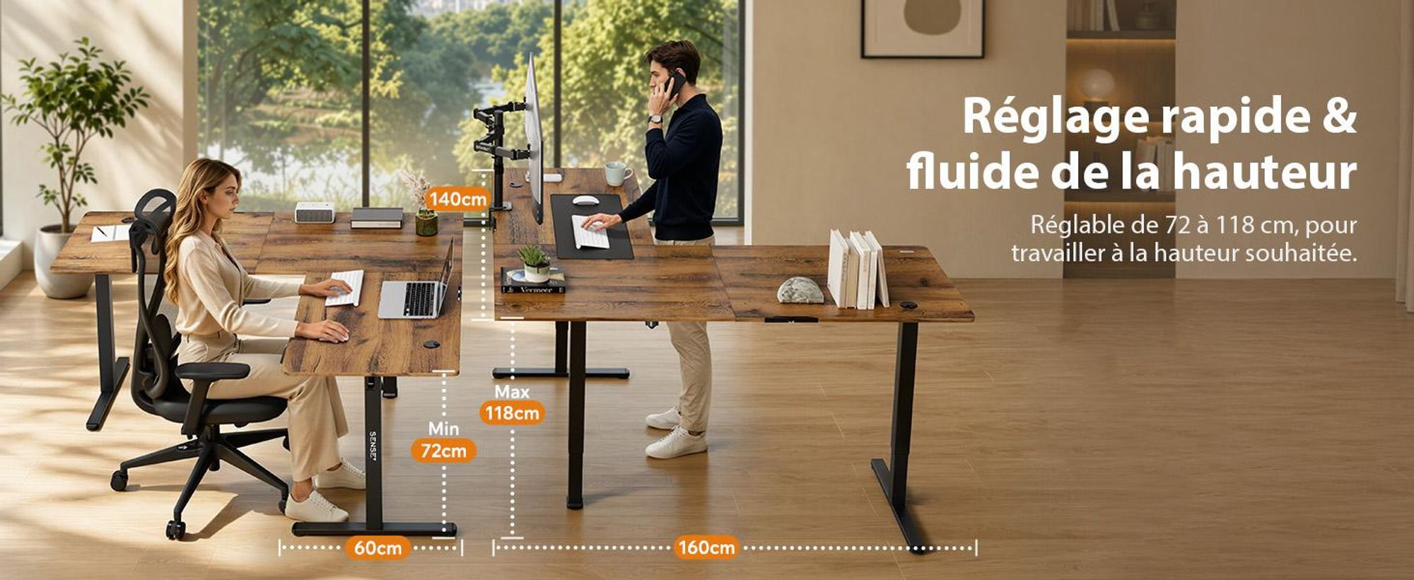 Bureau d'angle SENSE7 NOJO, modèle Light Corner, électrique, réglable en hauteur, dimensions 160x140, forme en L, bureau debout, double moteur, aspect bois, couleur marron foncé et noir