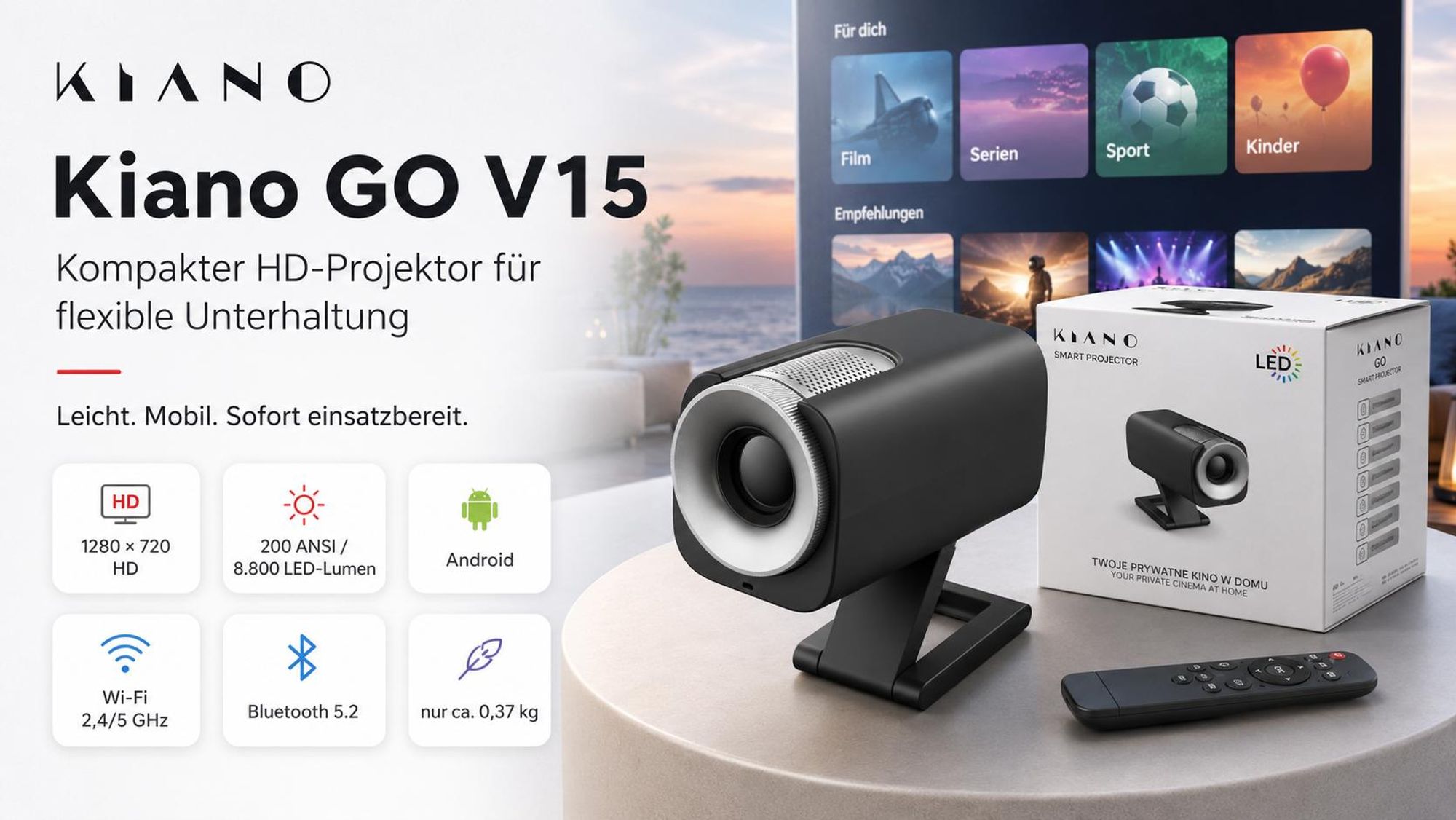 Kiano GO Mini Beamer, Android Projektor HD 720p, WLAN, bis 128 Zoll, Schwarz