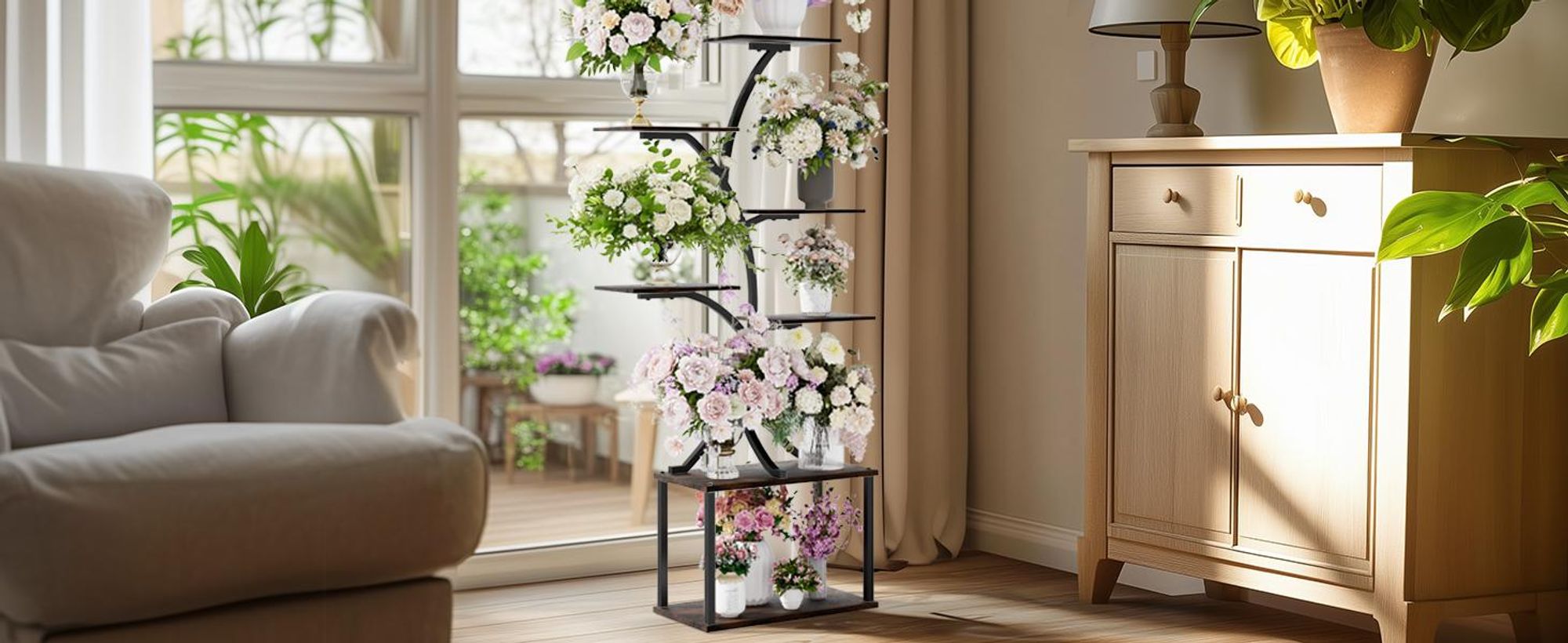 FATIVO Portapiante in Metallo a 8 Livelli: Scaffale Porta Piante per Interni ed Esterni, Balcone, Giardino e Soggiorno, 50 × 26 × 151 cm