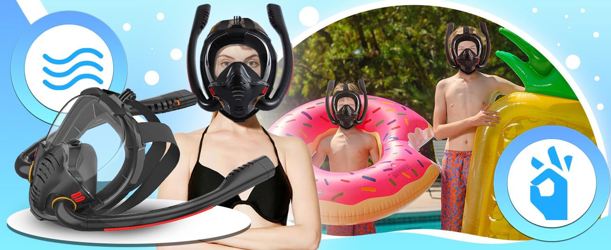 Tauchmaske Schnorchelmaske 180° Panorama CO2 Sicher, Anti-Fog & Anti-Leck mit Faltbarem Dry Top System, Kamerahalterung, Kinder, Erwachsene Retoo