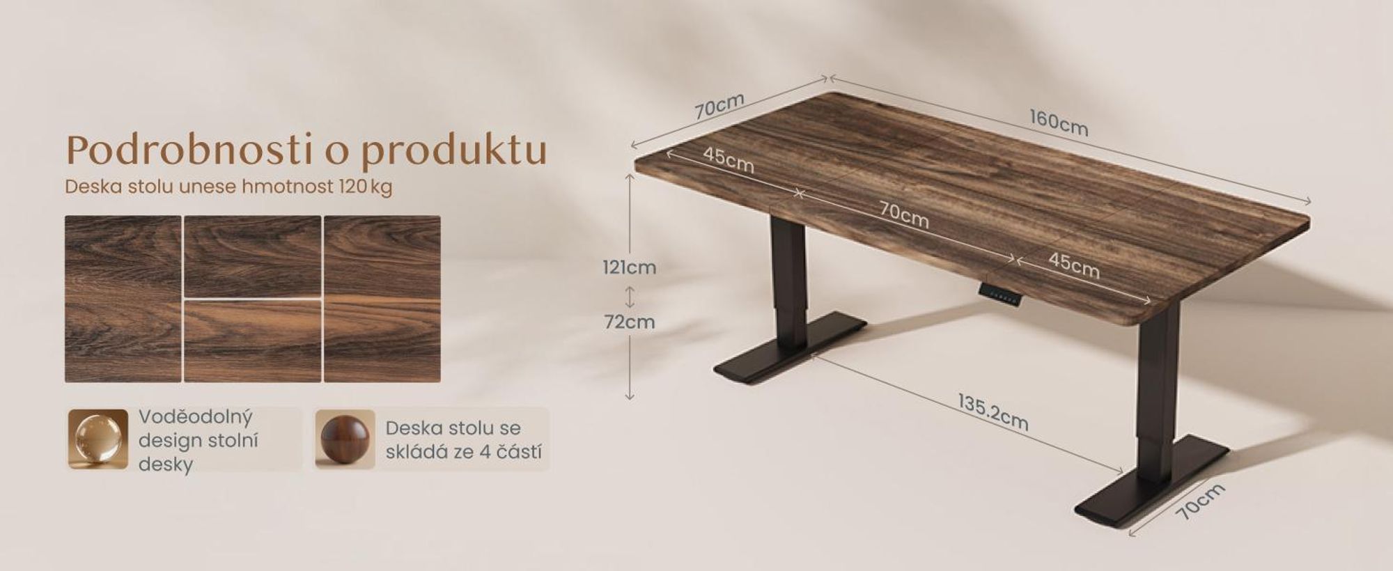 FLEXISPOT QB2 Výškově nastavitelný elektrický stůl 160 x 70 cm, 2 SILNÉ MOTORY, nosnost 120 kg, ochrana proti kolizi, 4 paměťové funkce (hnědý)