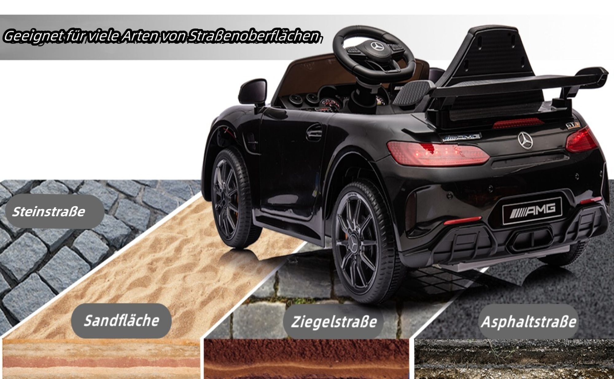 Elektroauto Kinderauto Mercedes Gtr, mit 2,4G Fernbedienung, LED Scheinwerfer, MP3, Hupe und Musik, Schwarz