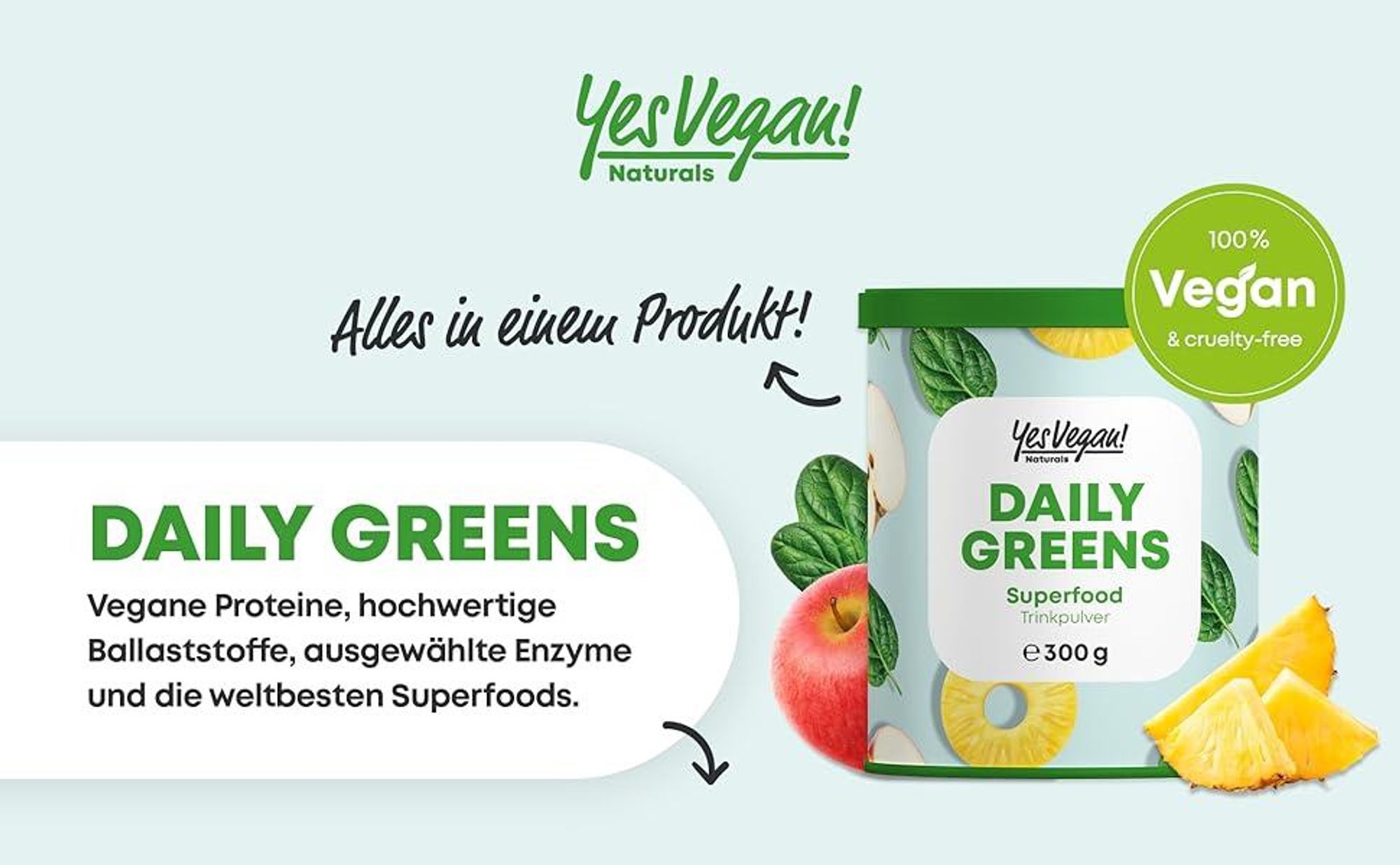 Daily Greens Pulver Superfood Pulver (300g = 30 Port.) - 25 Pflanzen, Vitamine, Milchsäurebakterien