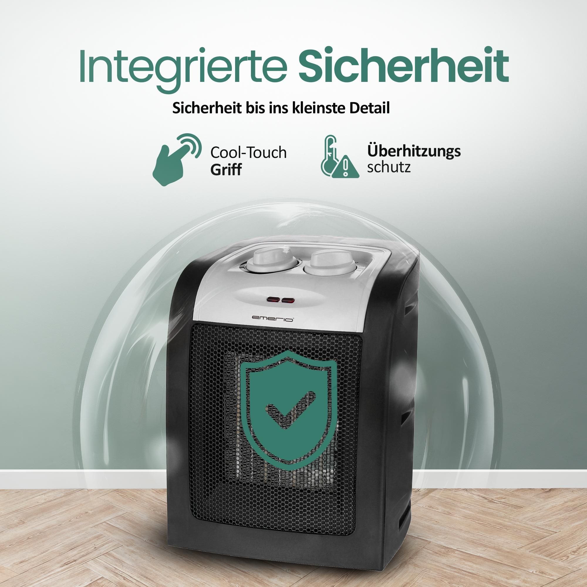 Emerio PTC-Heizlüfter FH-106145 – 20m² – 2 Heizstufen – einstellbarer Thermostat – Kontrollleuchte – Ventilationsfunktion – Kippschutz – 1800W