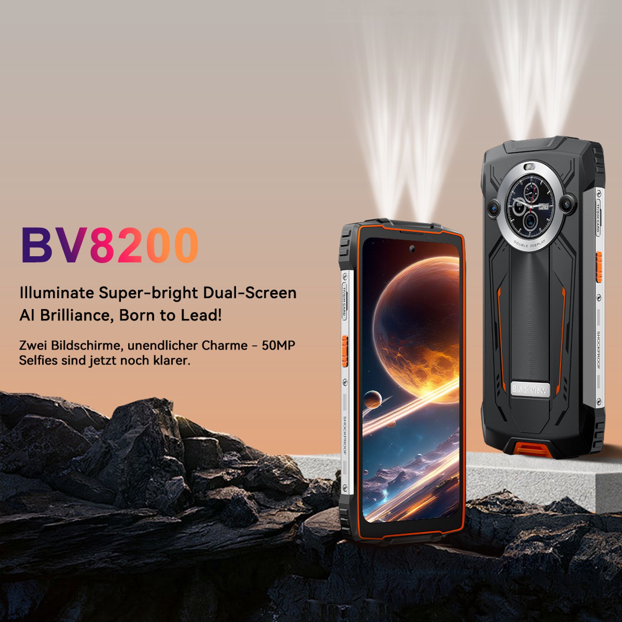 2026 Blackview BV8200 Robustes Outdoor Handy 36GB+ 256GB,6,5" FHD+1.3'' Doppel Bildschirm, 8800mAh, 50MP, Helio G100, NFC, IP68, 170 Lumen