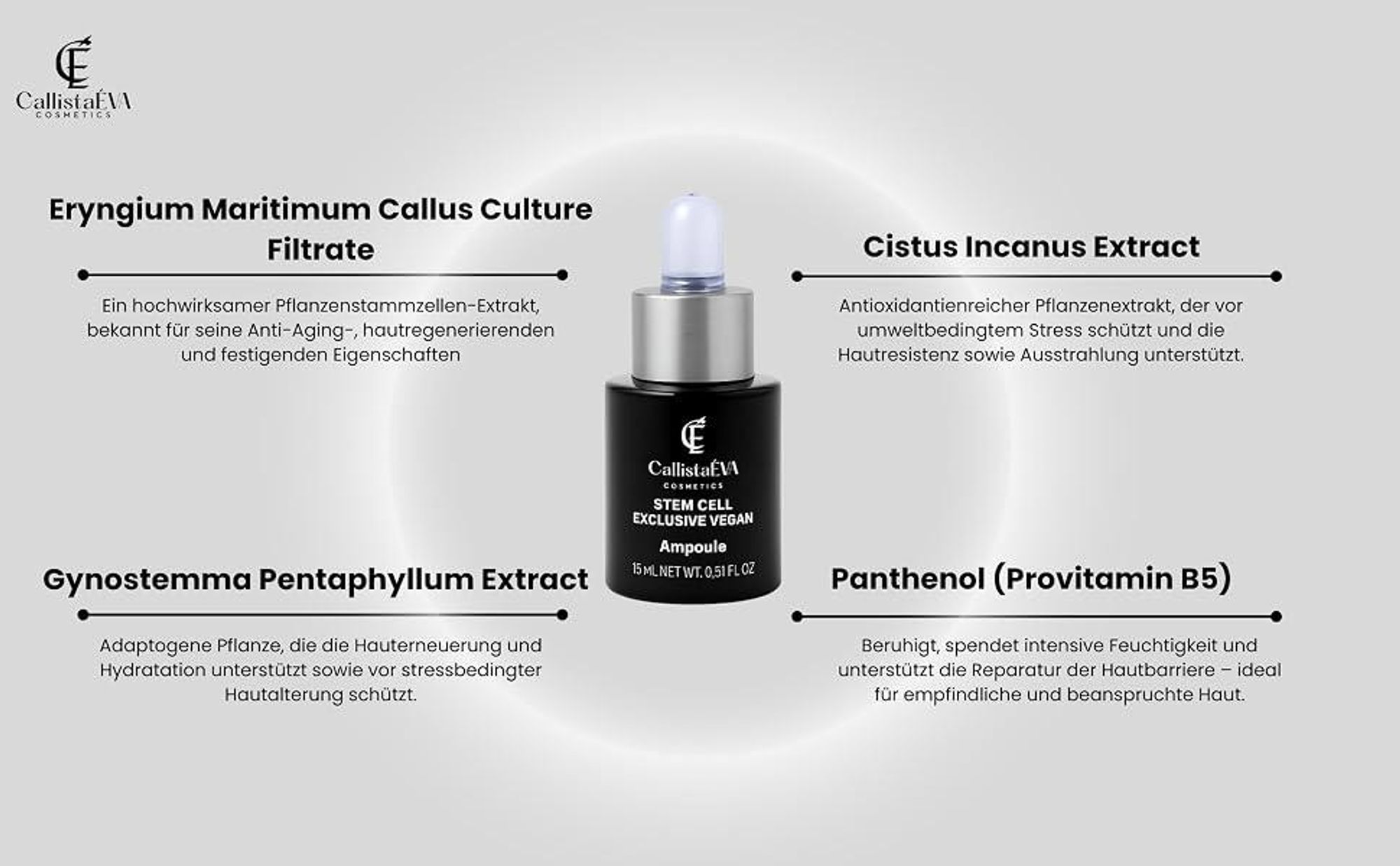 CallistaÉVA Hyaluron Stammzellen Ampullen [ Germany] –Veganes Anti-Aging Hydrating Serum mit Pflanzenstammzellen, Panthenol– Beruhigendes, Straffung & Feuchtigkeit – Trockene, alle hauttypen 15ml