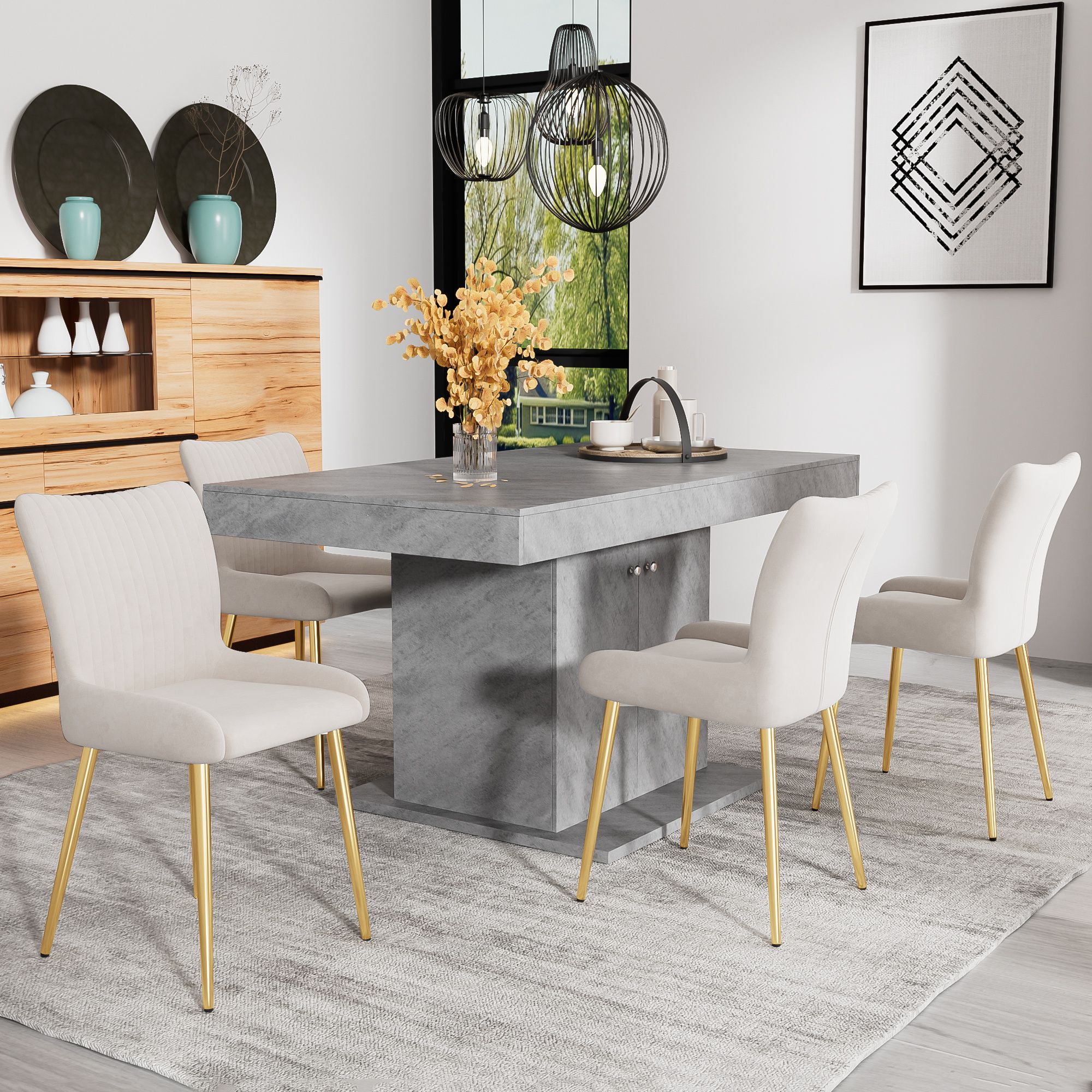 Flieks Esszimmerstühle 4er Sets, Küchenstühle mit Golden Metallbeinen, Wohnzimmerstuhl Schminkstuhl Polsterstühle mit Samtbezug, Beige