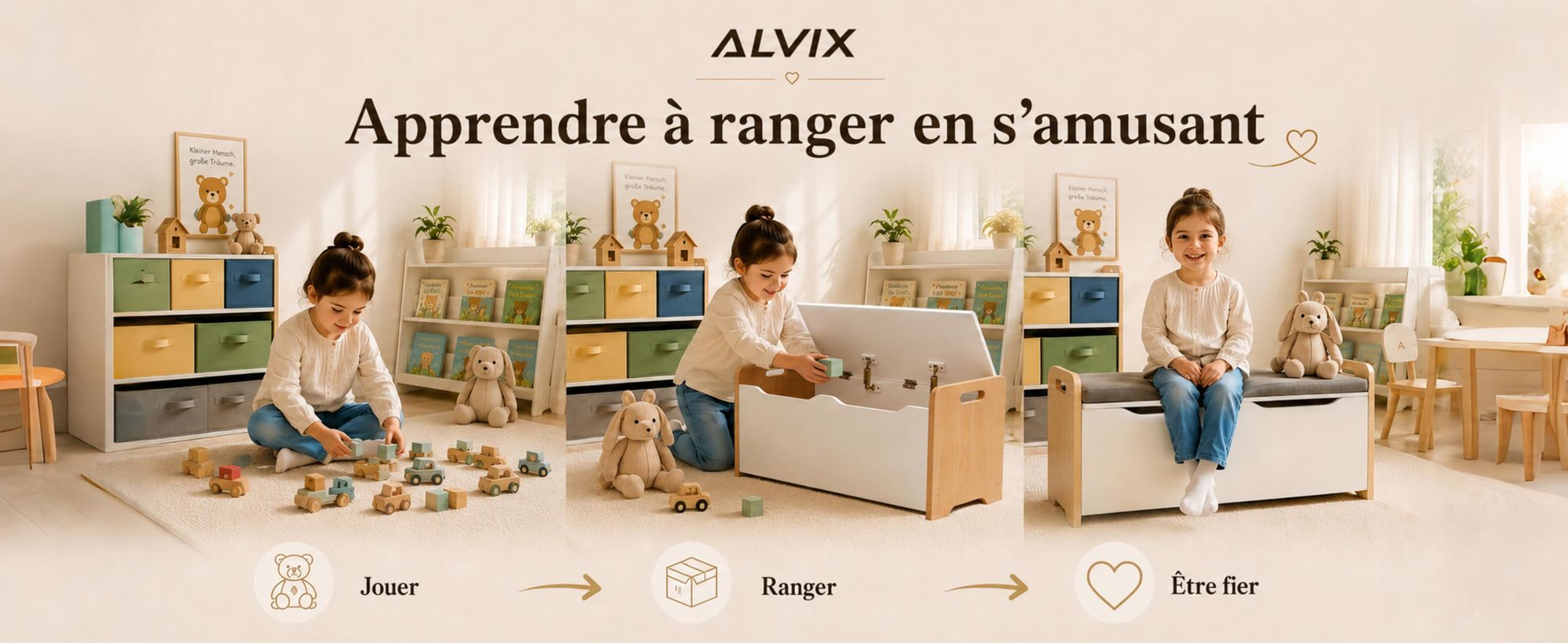 ALVIX Coffre de rangement pour jouets NESTA 1, banc pour enfants avec espace de rangement, coffre à jouets avec couvercle à fermeture douce, banc de siège pour chambre d'enfant, 83x40x48 cm