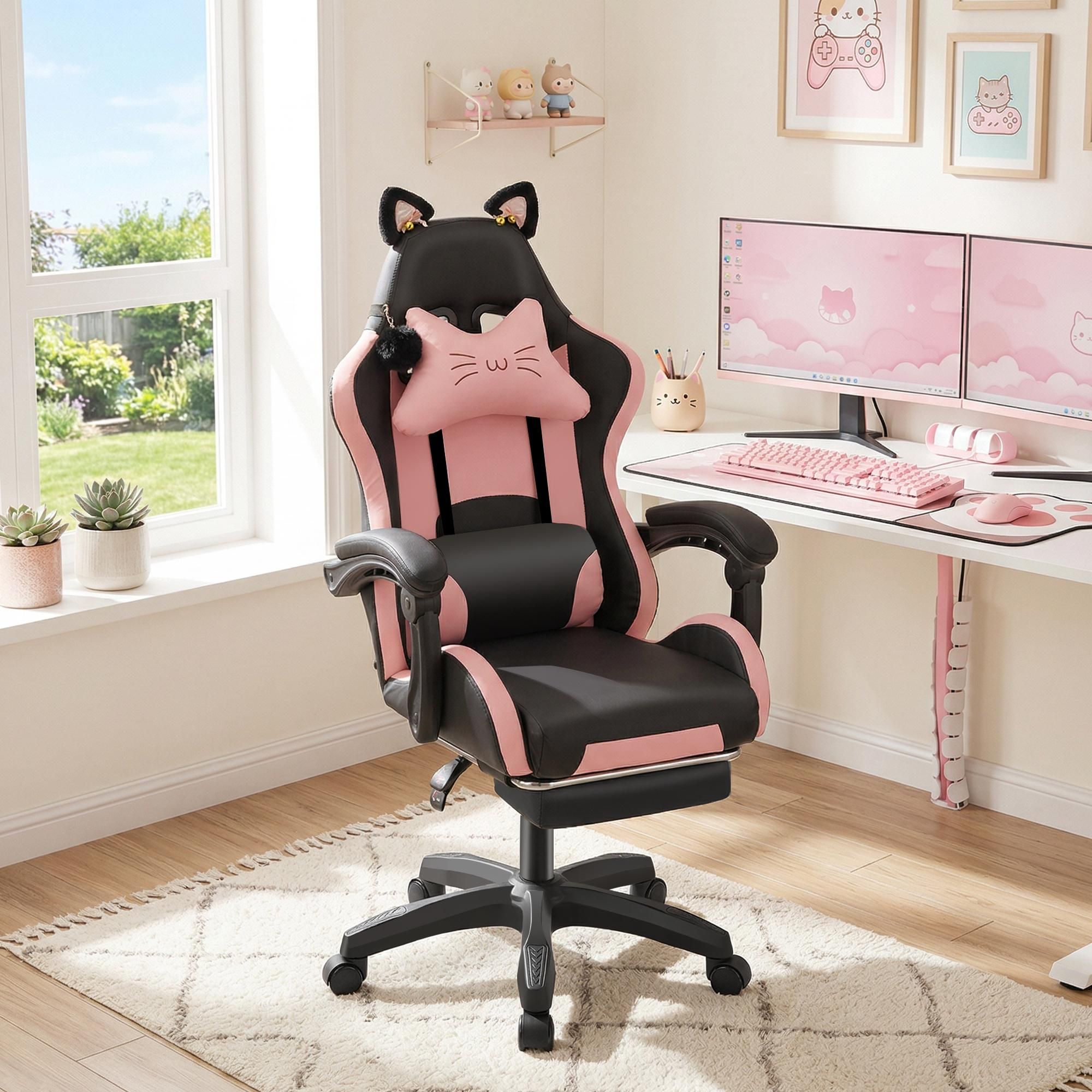 Gaming Stuhl mit Lendenwirbelstütze und Fußstütze 150kg, Bürostuhl Ergonomisch Schreibtischstuhl Racing Stuhl Computerstuhl Höhenverstellbar