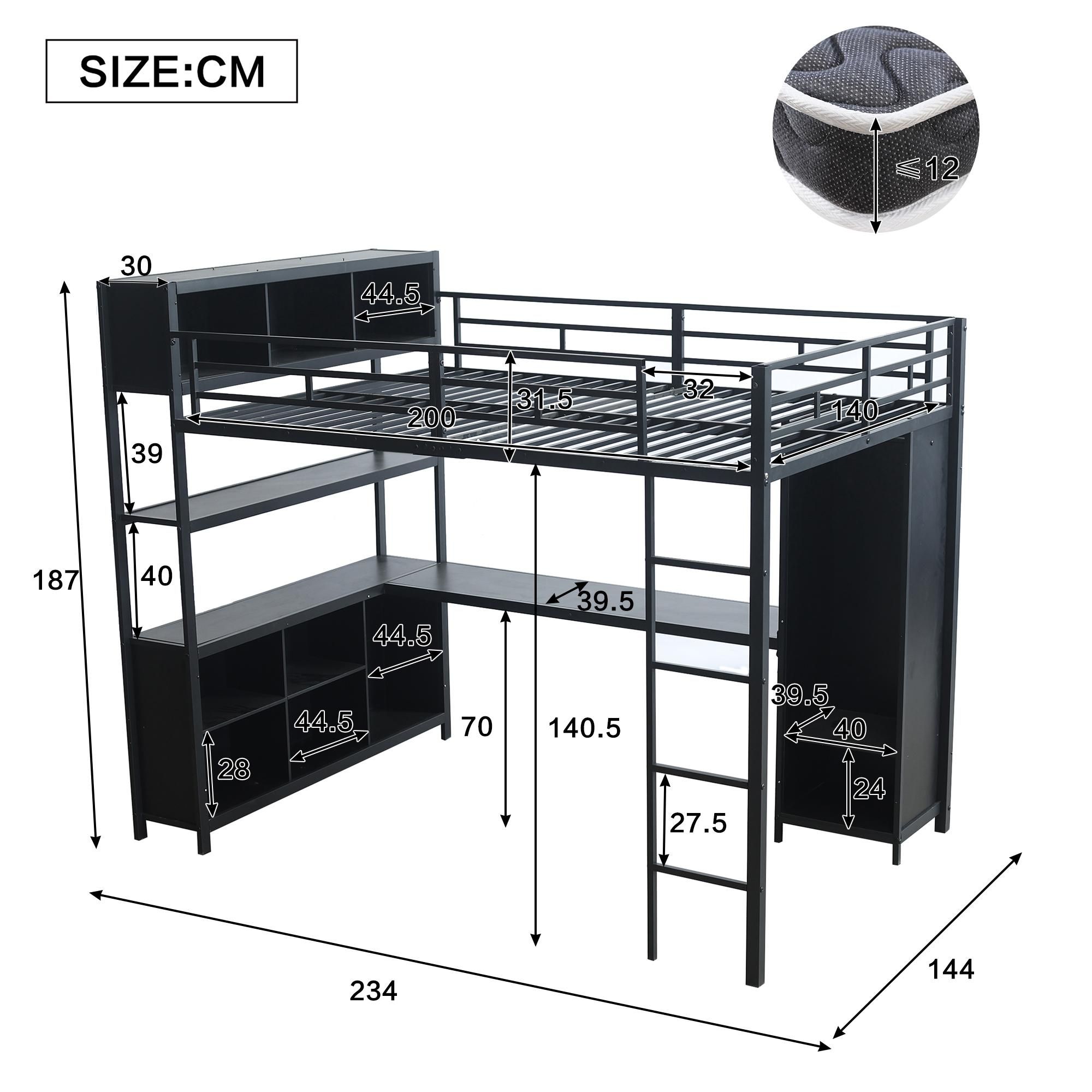 Flieks Etagenbett 140x200cm mit Schreibtisch und Regal, Hochbett mit Kleiderschrank, Kinderbett Jugendbett Metallbett mit Lattenrost, Schwarz