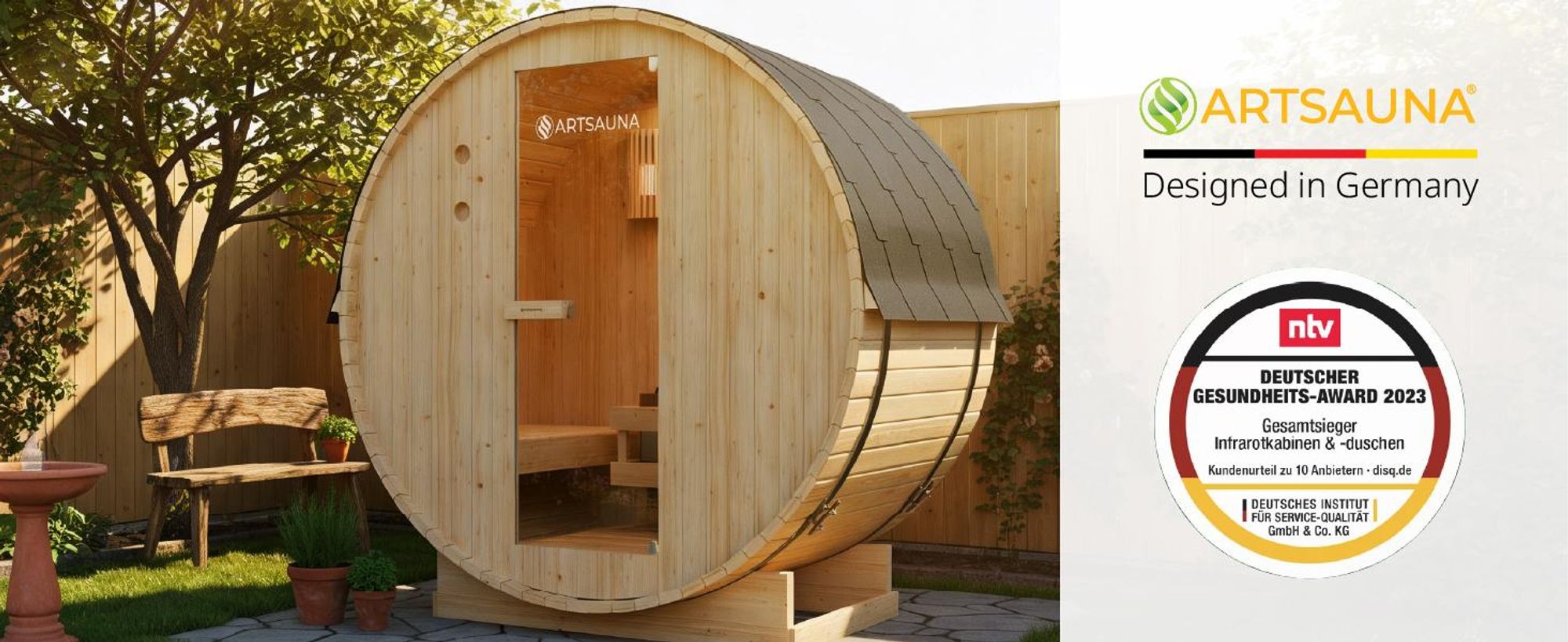 Artsauna Outdoor Fasssauna Spitzbergen 120 für 2 Personen - 3,6 kW Ofen & Zubehör