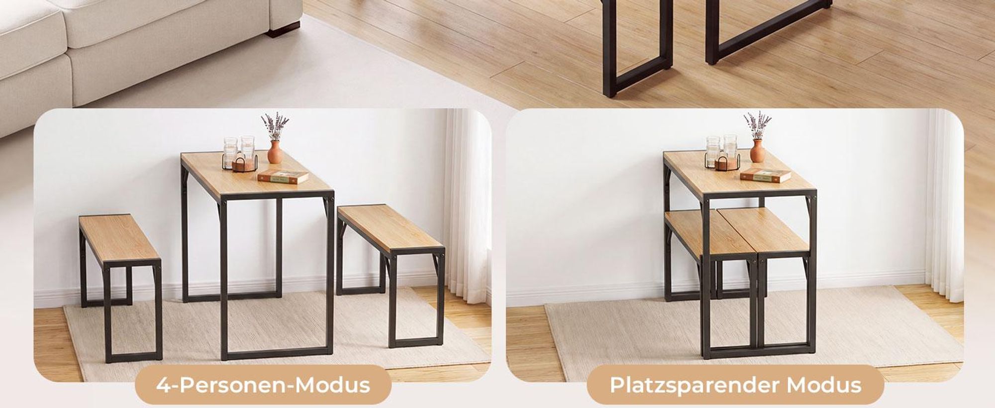 HOKEEPER Esstisch Set mit 2 Bänken, Platzsparende Sitzgruppe für Küche, Esszimmer & Restaurant, Industrial Tischgruppe mit Stahlrahmen,Hellbraun