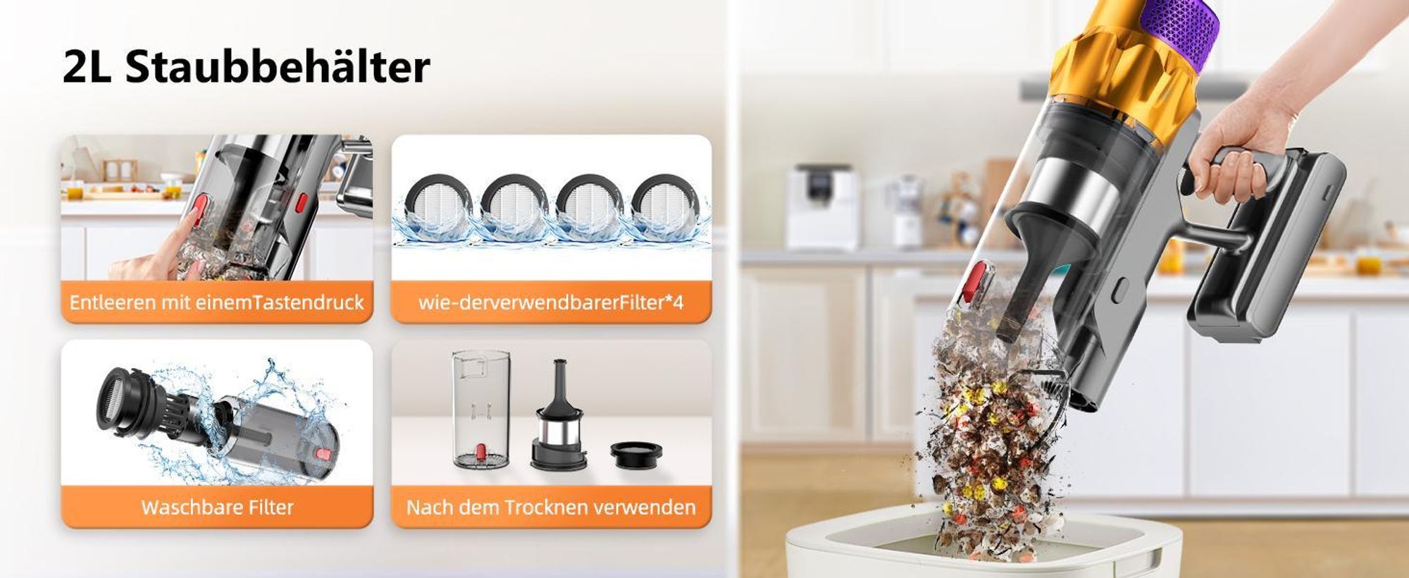 Portreen Akku Staubsauger, 85000Pa Staubsauger kabellos mit Haustierbürste, Schlauchbürste, Touchscreen, HEPAx4, 2L, 80Min, Anti-Tangle-Staubsauger