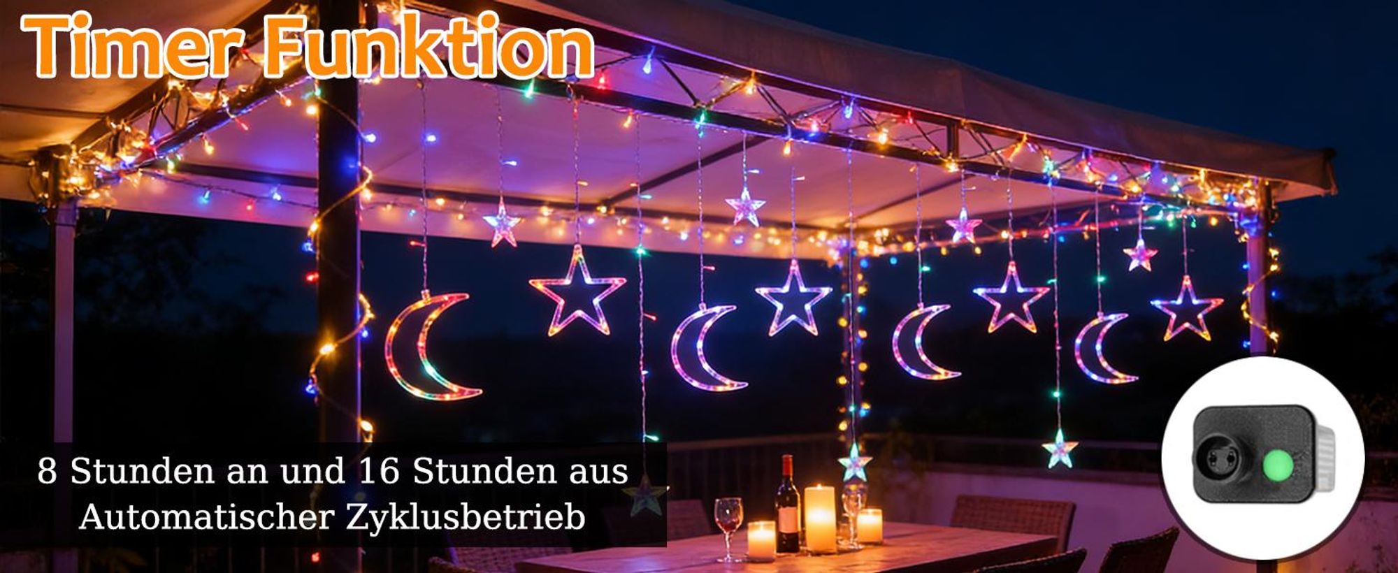 LED Stern Mond Lichtervorhang 3,5m Bunt Lichterkette 8 Beleuchtungsmodi Weihnachten Party Garten Deko