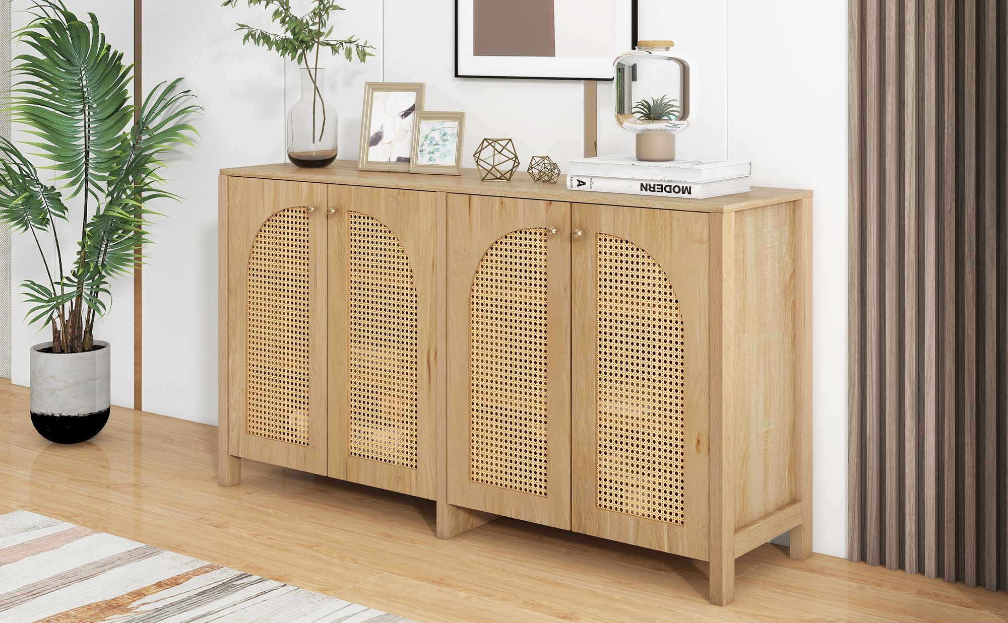 Merax Sideboard mit verstellbaren Einlegböden, Kommode mit Rattantüren, Anrichte für Wohnzimmer, 145x80x40cm, Natur