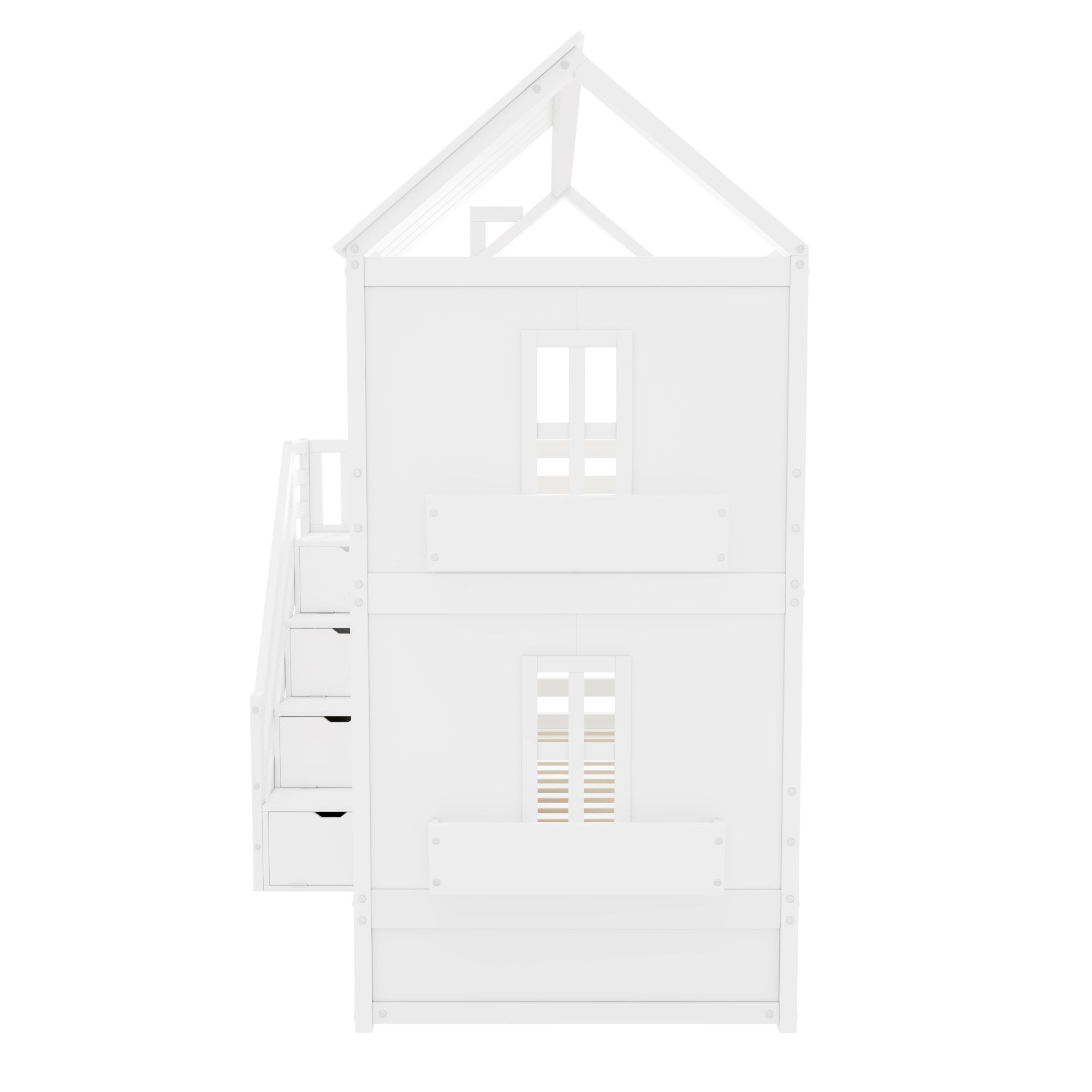 Flieks Etagenbett 90x200cm mit Schubladen, Kinderbett Hausbett mit Rausfallschutz, Hochbett mit Treppe und Ablagen, Stockbett Einzelbett, Weiß