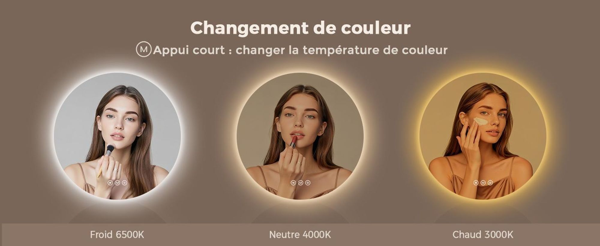 Miroir de salle de bain avec éclairage, rond, 80 cm, miroir LED S'AFIELINA, intensité réglable, 3 couleurs de lumière, anti-buée,tactile, fonction de mémorisation, IP65, étanche pour la salle de bain