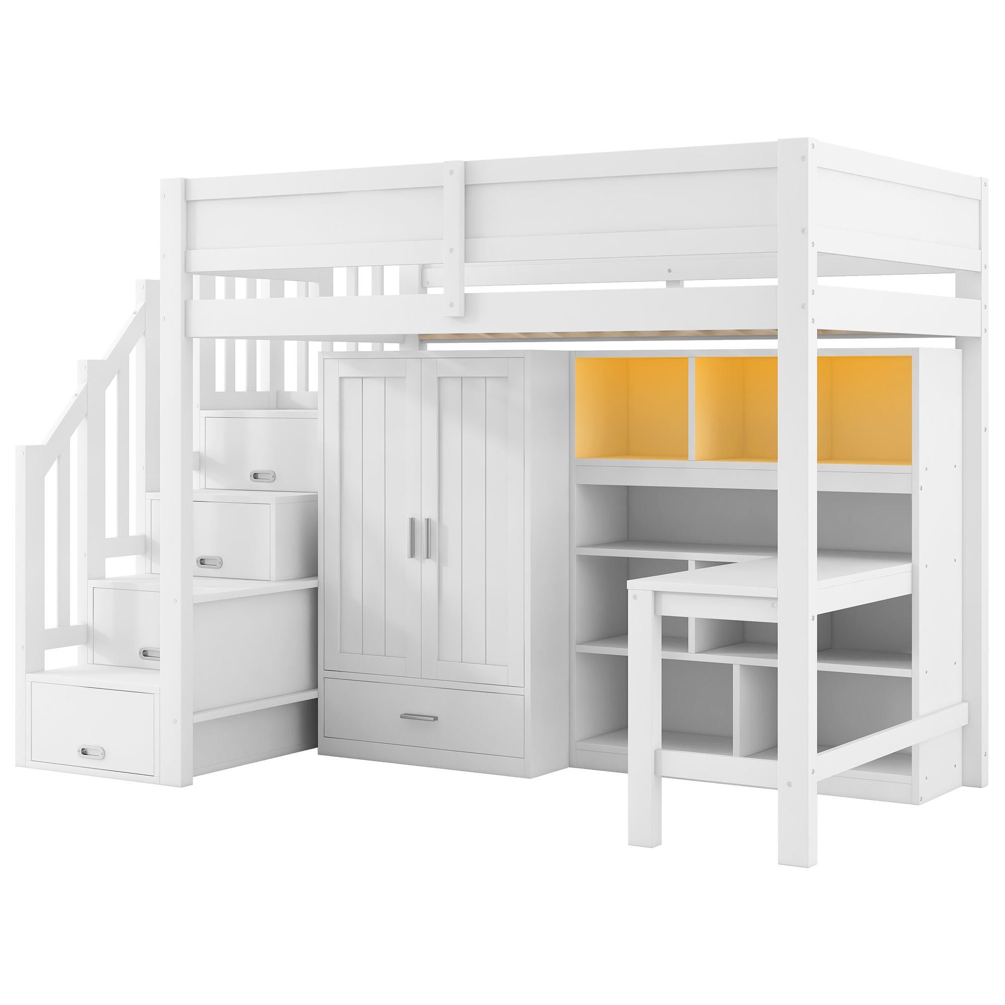 Flieks Etagenbett 90x200cm mit Kleiderschrank, Hochbett Einzelbett mit Schreibtisch und ein Bücherregal, Jugendbett Kinderbett mit Led, Weiß